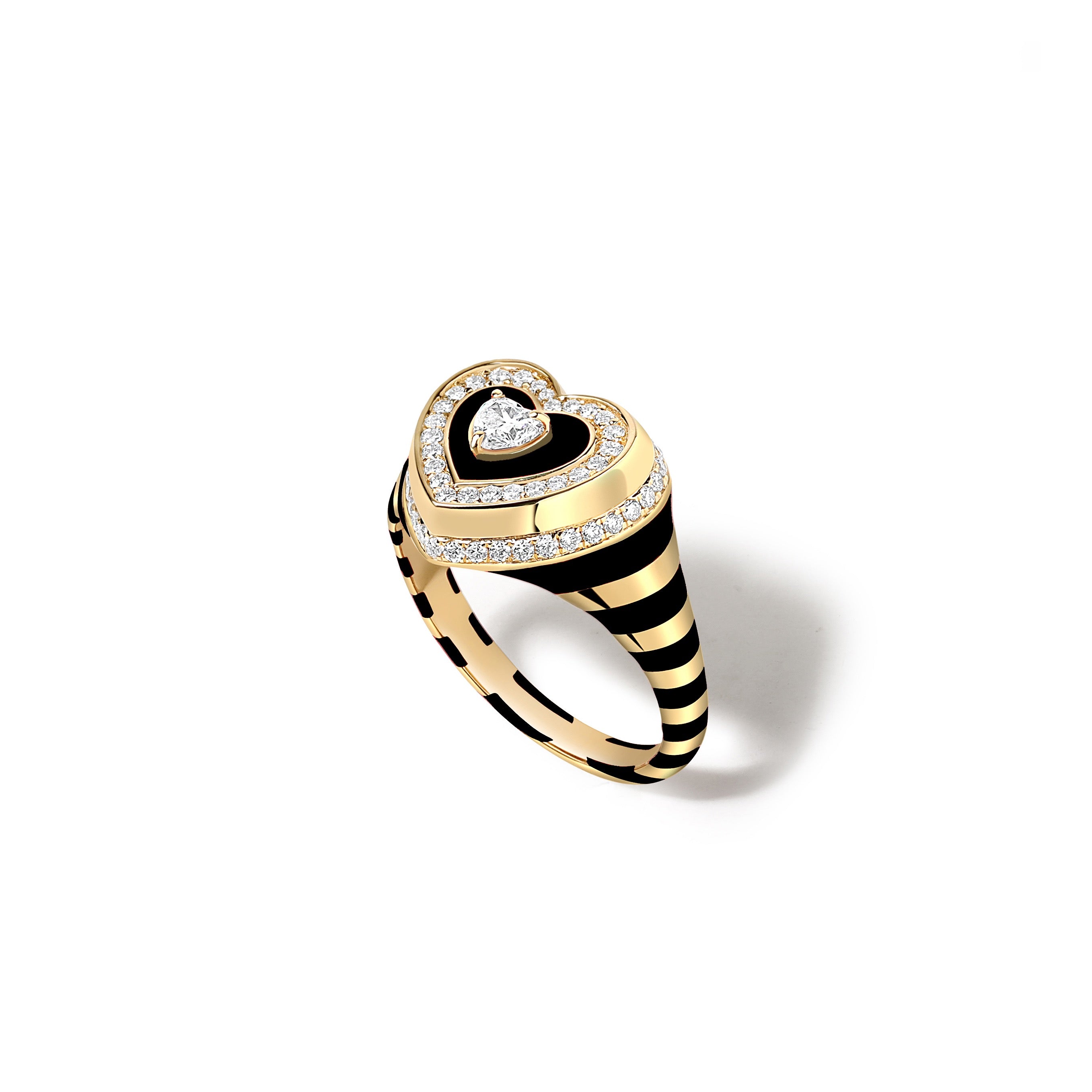 18k yellow gold Utama jet black enamel heart ring with diamonds by State Property Tiny Gods