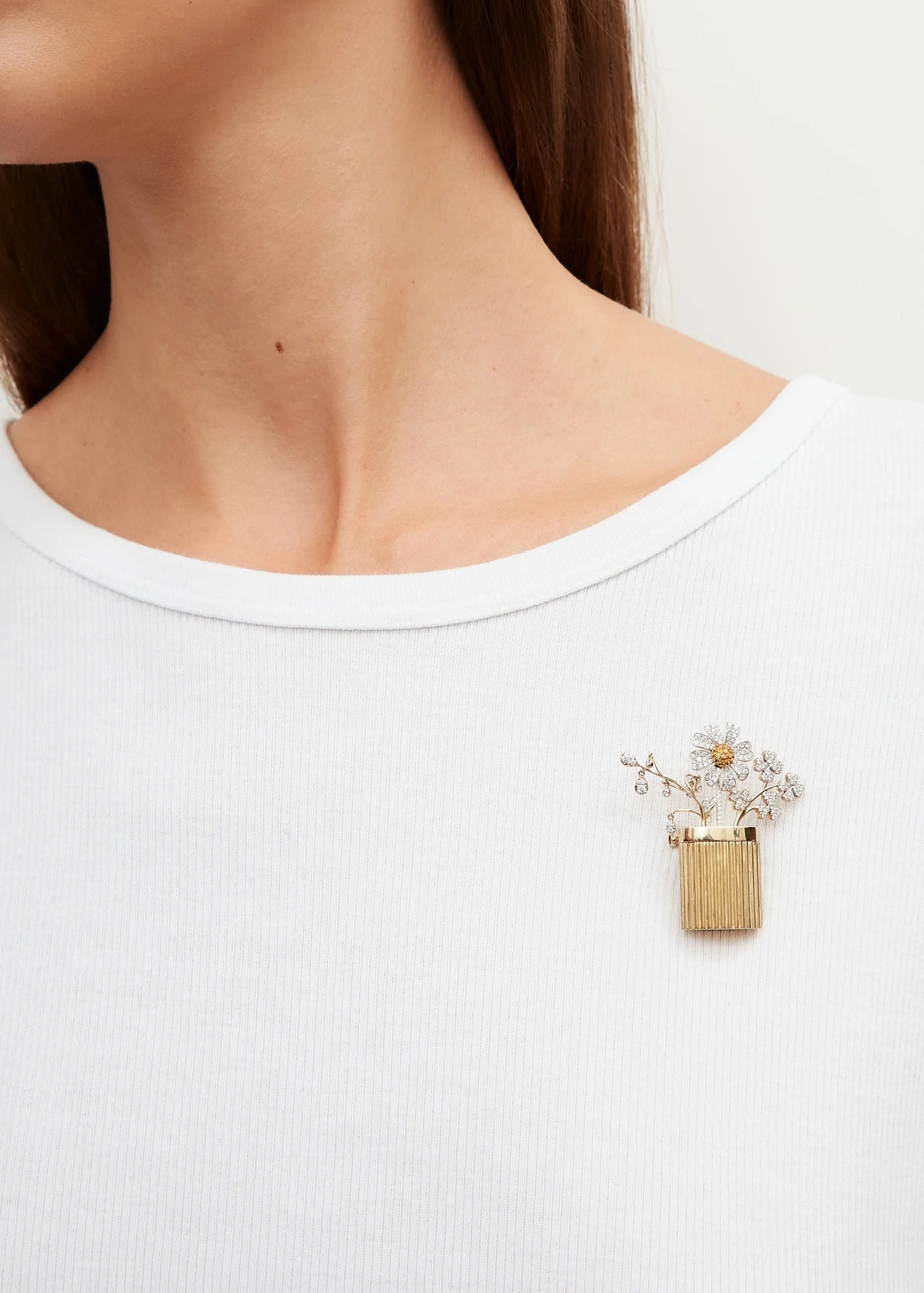 Yellow gold and diamond flower vase brooch with flower stem holder by Yvonne Leon and Tiny Gods