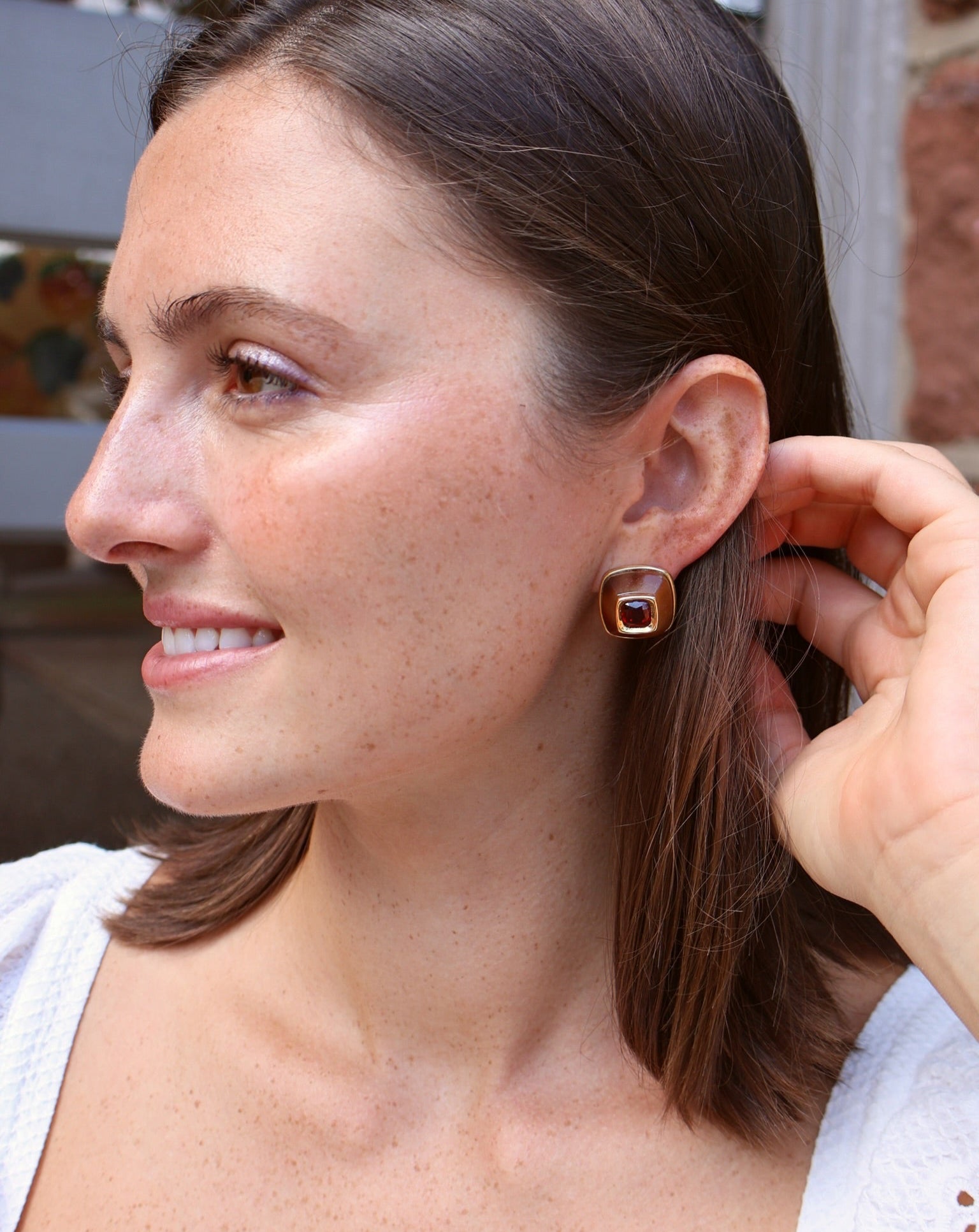 18k yellow gold vintage buffalo horn cushion earrings with rhodolite garnet centers by beck jewels Tiny Gods