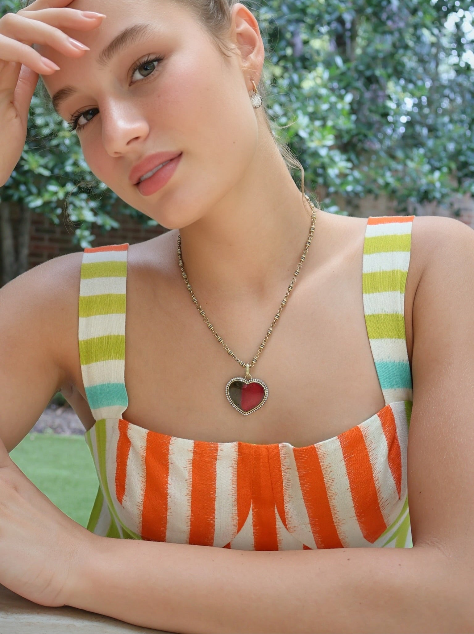 18k yellow gold bi-colored-watermelon green pink tourmaline heart diamond pendant by Sylva & Cie Tiny Gods