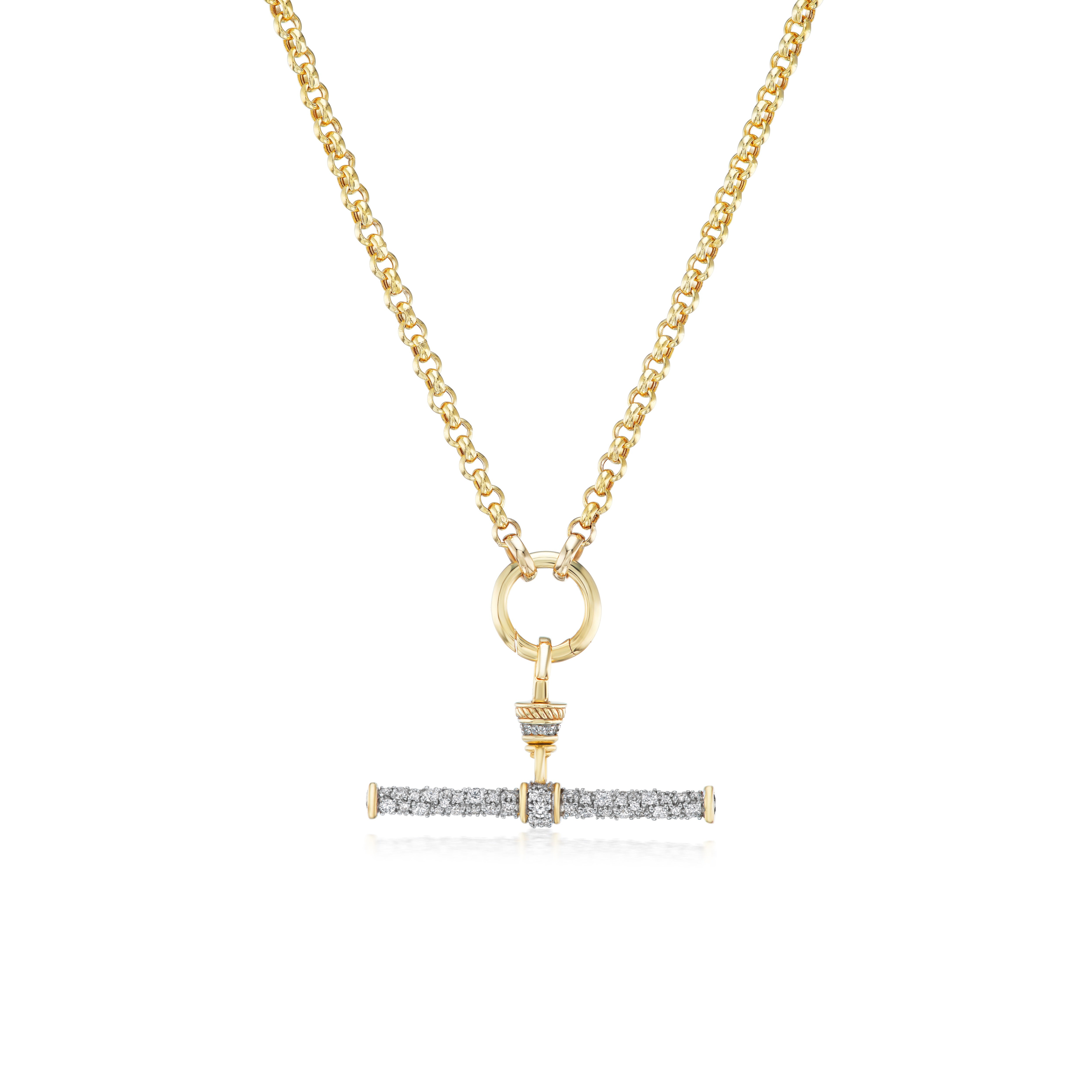 14k yellow gold modern finish diamond and white rhodium t bar Albert chain pendant with lobster claw bale by LUCY DELIUS Tiny Gods