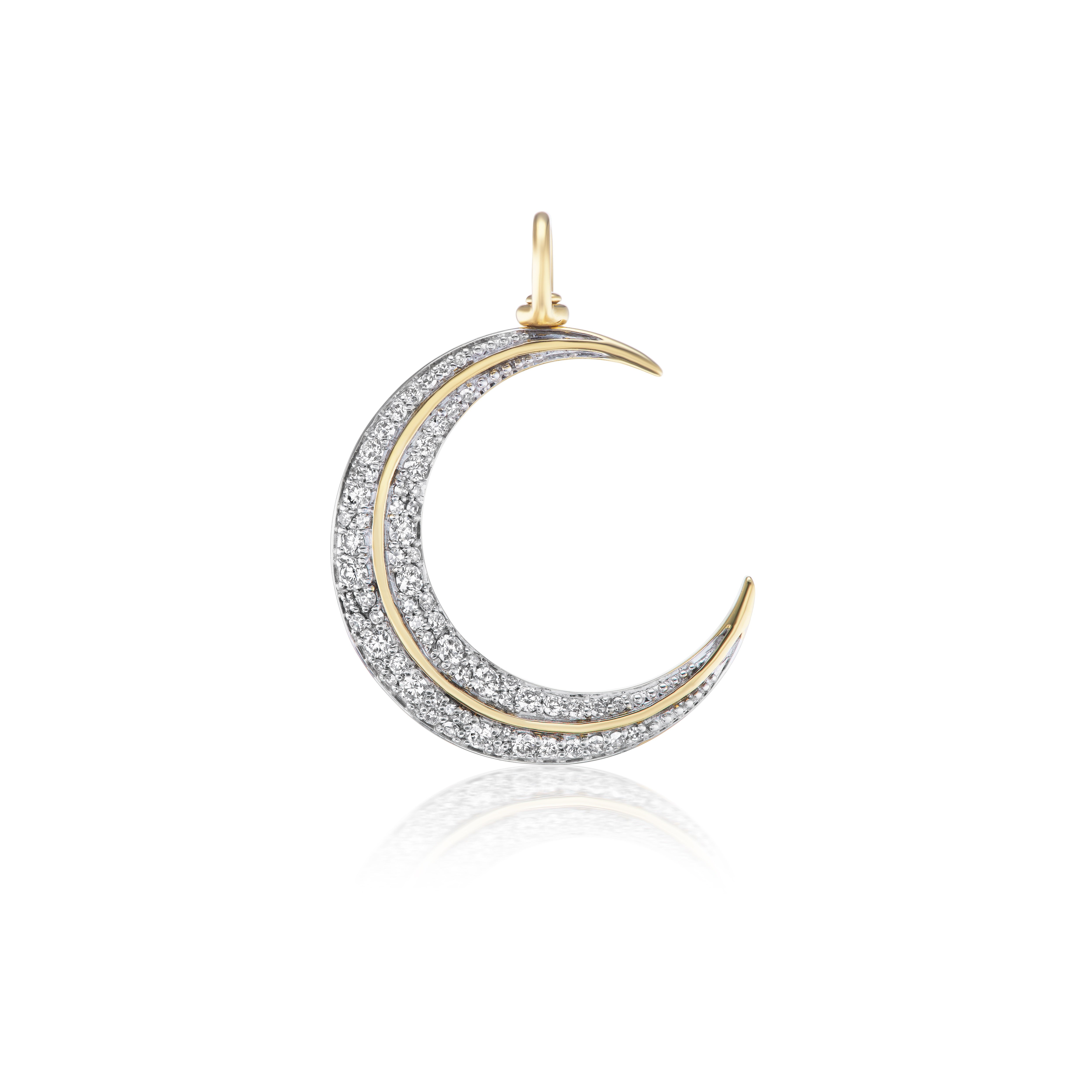 14k yellow gold diamond and white rhodium crescent moon charm pendant by Lucy Delius Tiny Gods