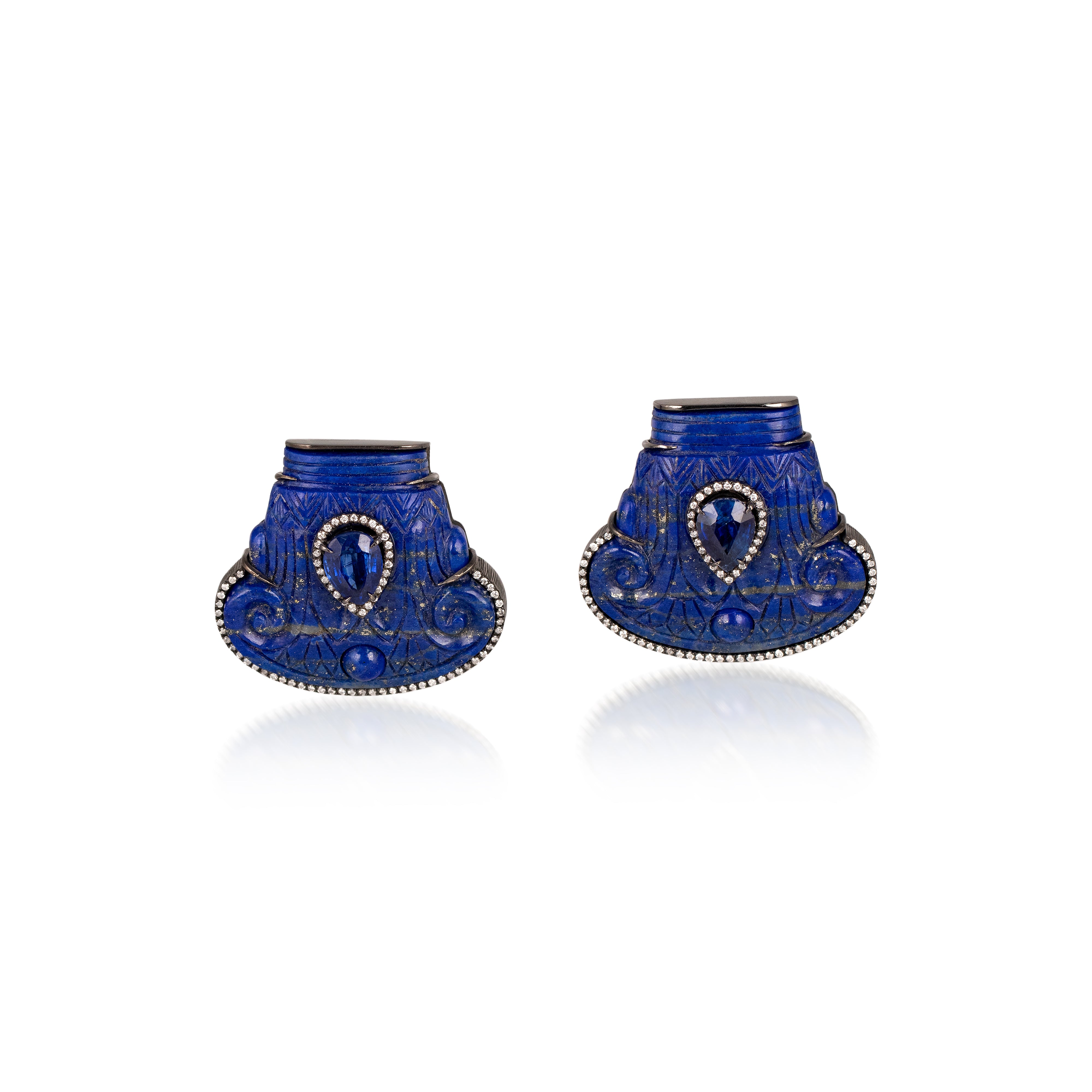 18k white gold lapis lazuli and cyanite carved Egyptian column earrings by Silvia Furmanovich Tiny Gods
