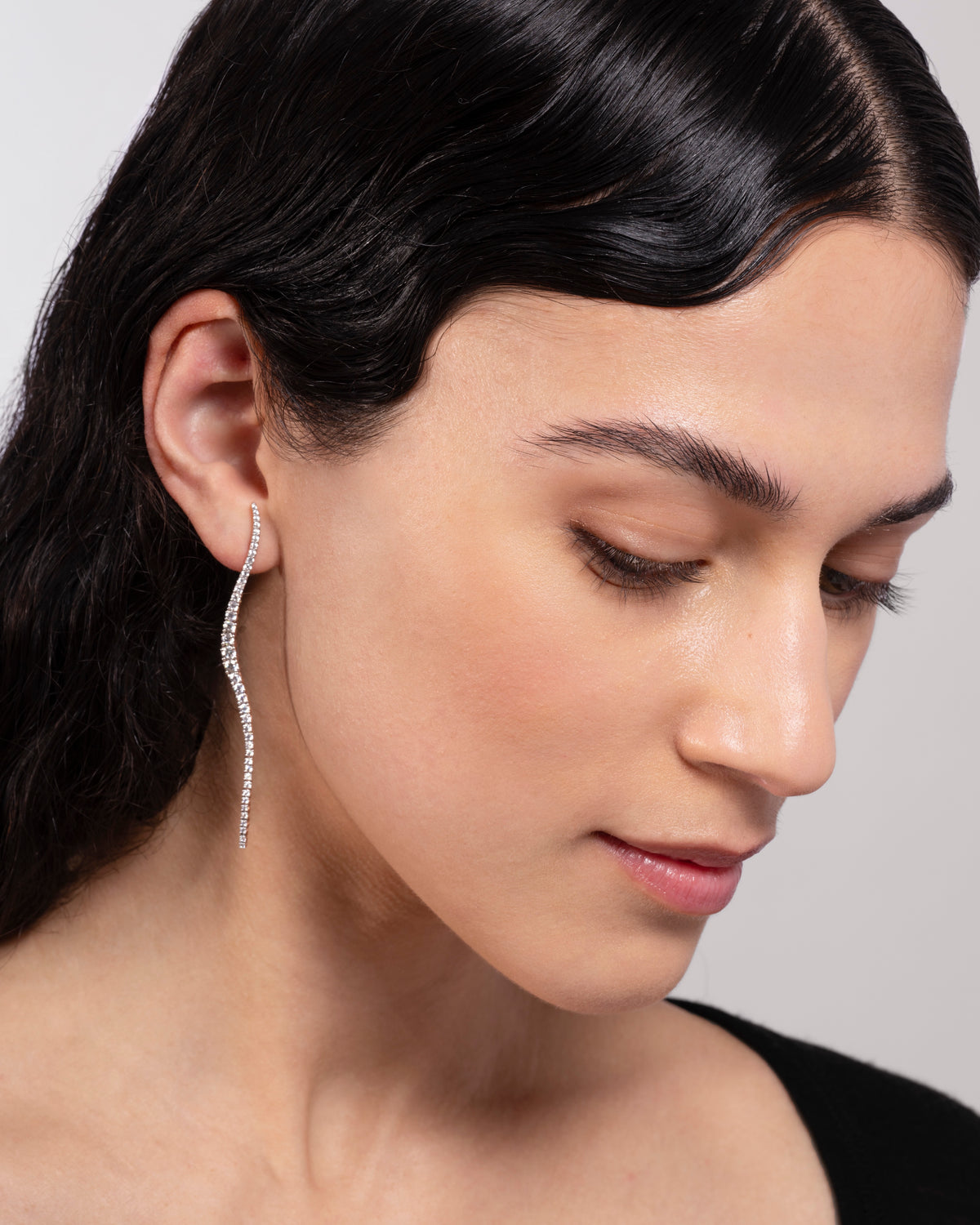 18k white gold diamond long halo drop earrings by Marie Mas Tiny Gods