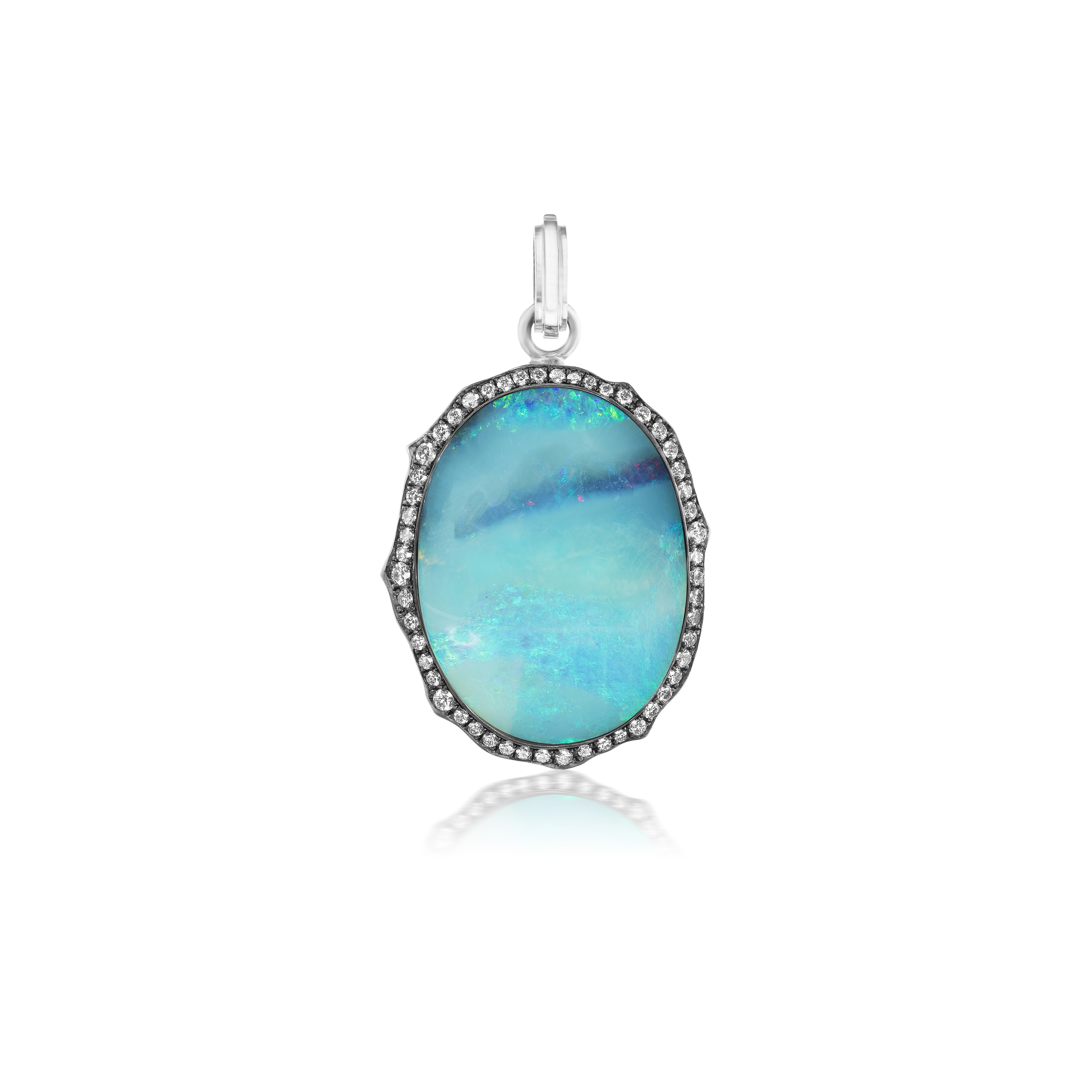 18k white gold oval blue opal with diamond frame pendant by Sylva & Cie Tiny Gods