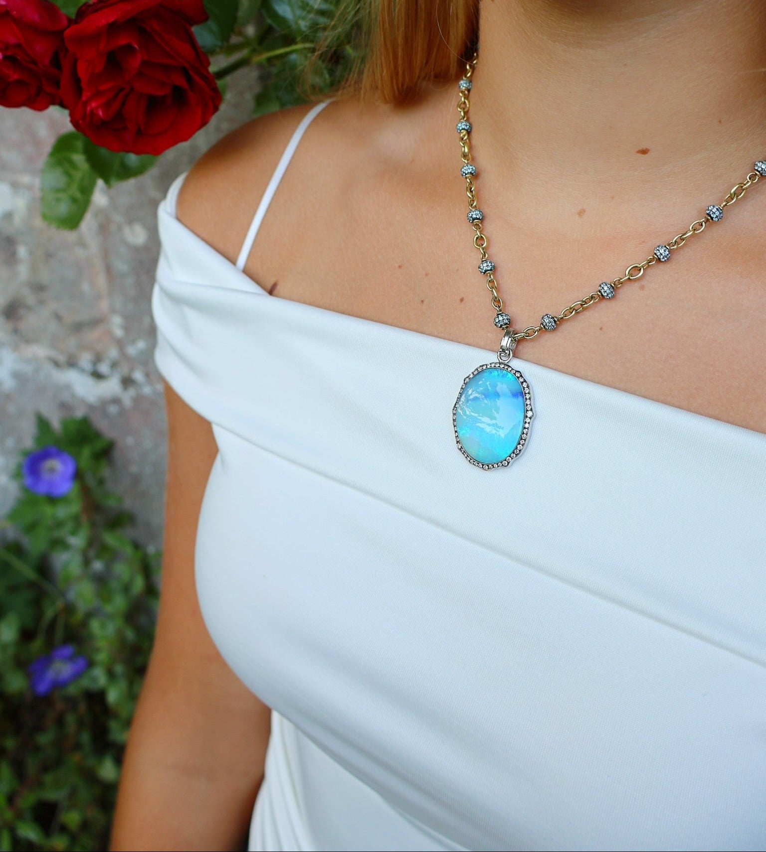 18k white gold blue oval opal pendant with diamonds by Sylva & Cie Tiny Gods