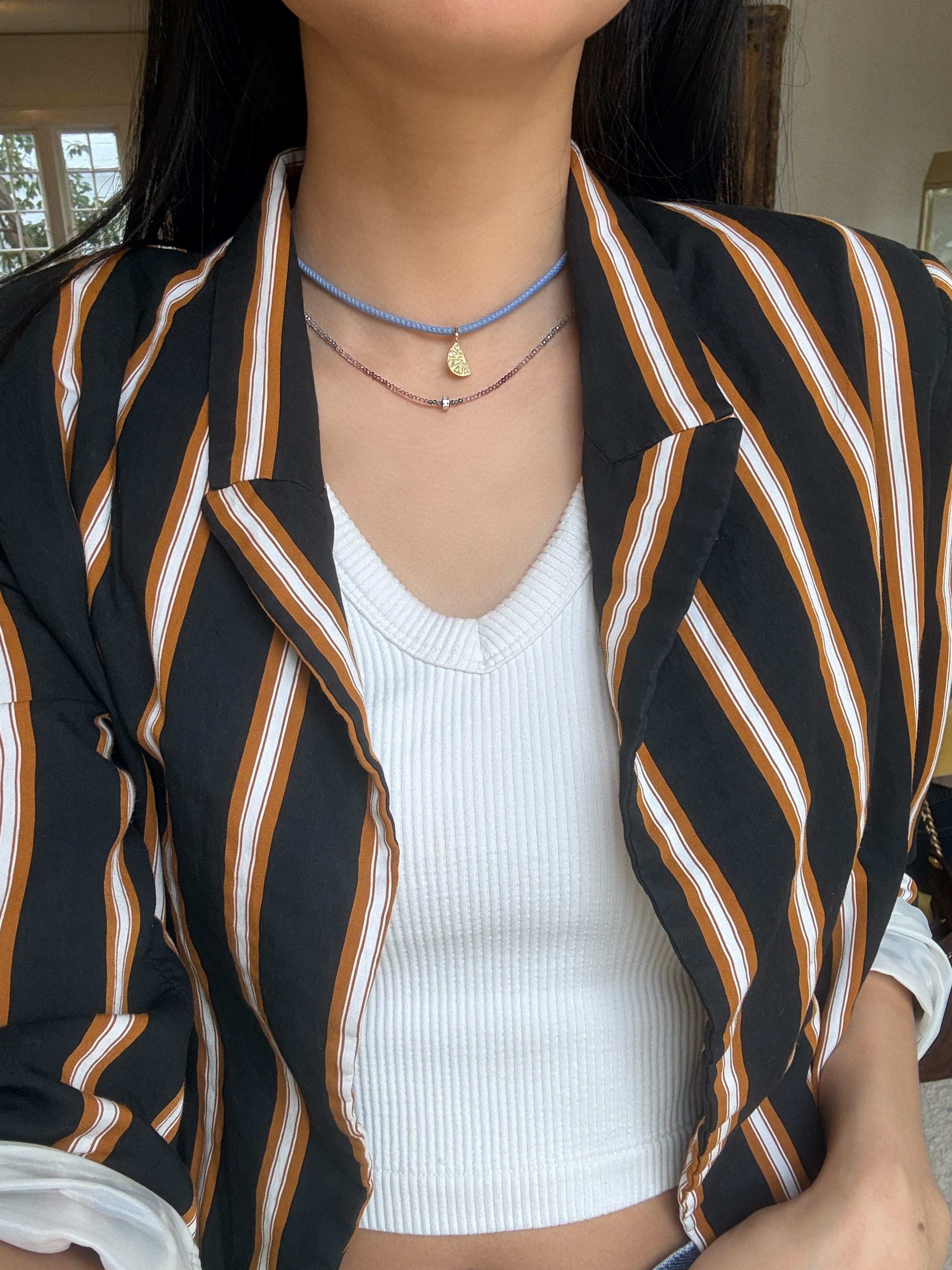 18k white gold diamond baguette roundel bead on a ombre rainbow spinel beaded layering necklace by Guita M Tiny Gods