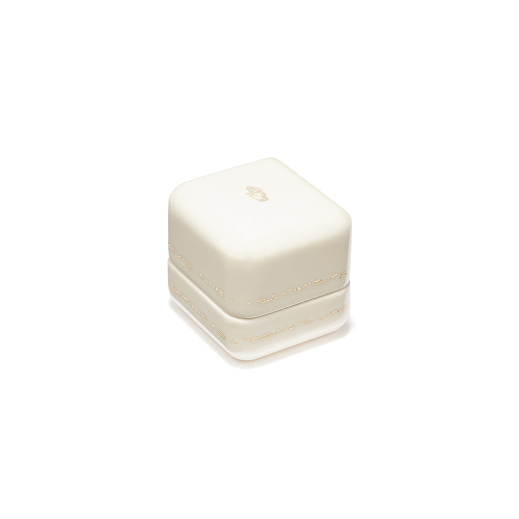 White lacquer with baby blue microsuede interior gold inlay ring box jewelry by Trove Tiny Gods