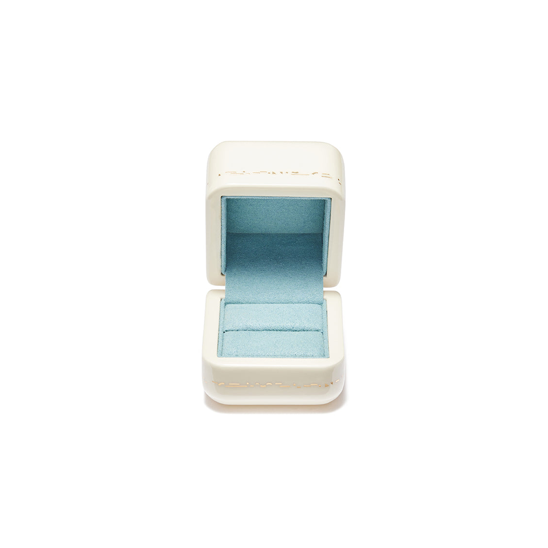 White lacquer with baby blue microsuede interior gold inlay ring box jewelry by Trove Tiny Gods