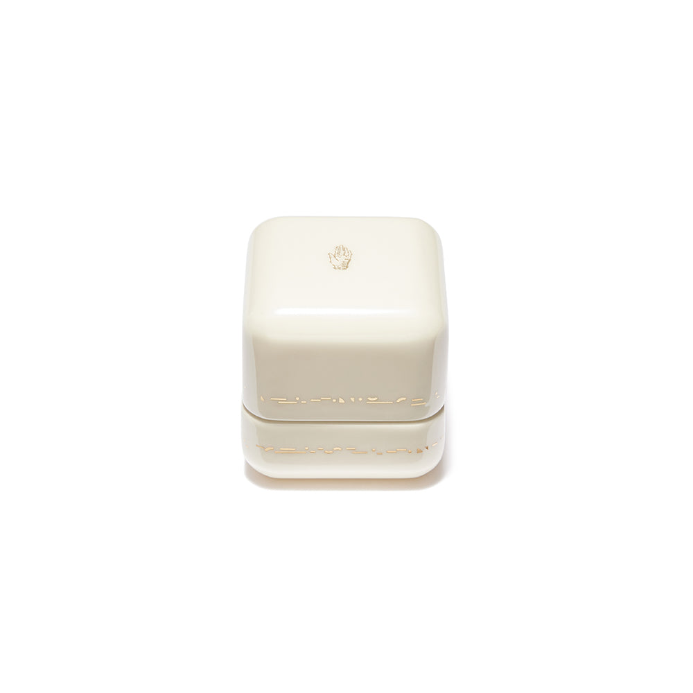 White lacquer with baby blue microsuede interior gold inlay ring box jewelry by Trove Tiny Gods