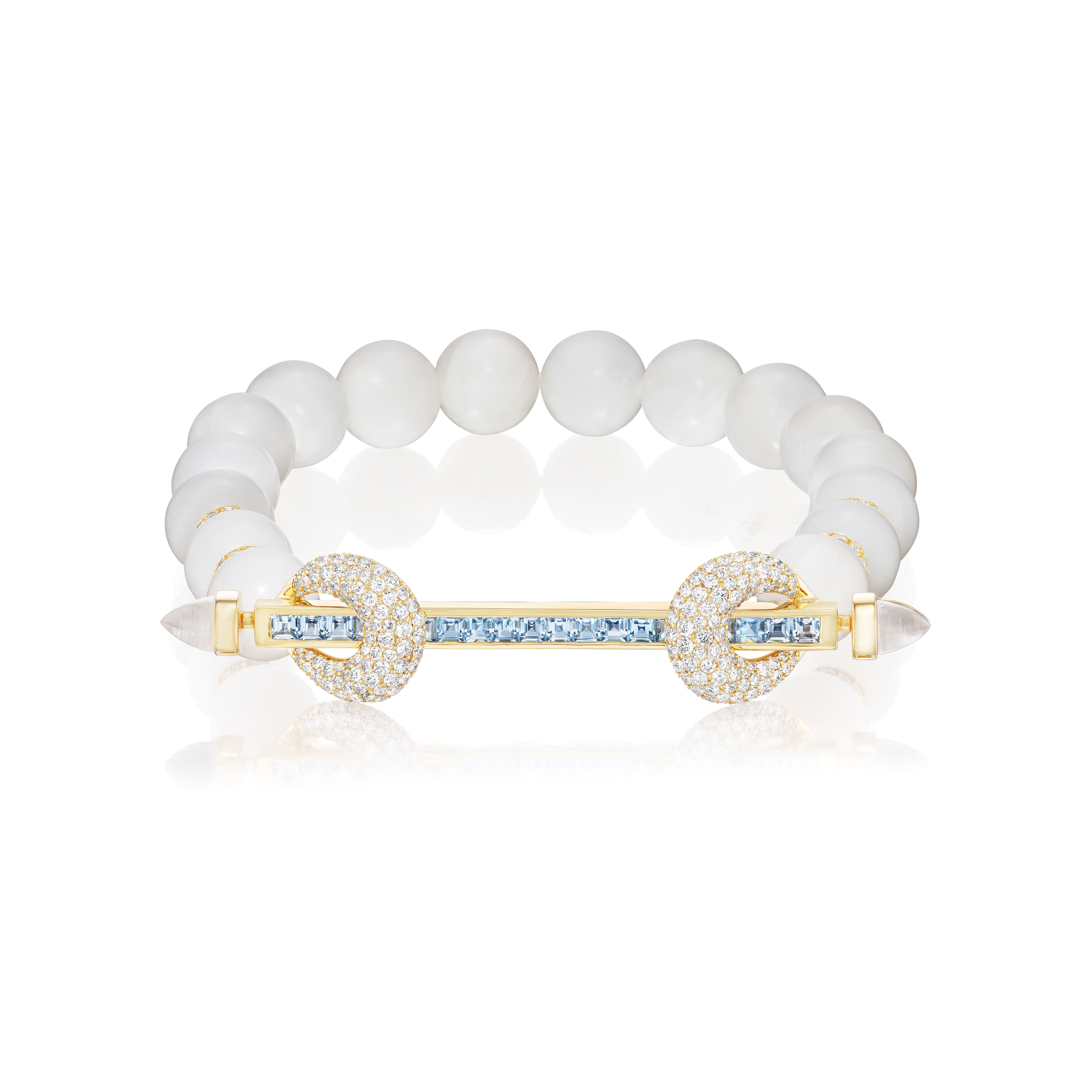 18k yellow gold white moonstone and aquamarine bar with diamond loops beaded chakra bracelet by Ananya Tiny Gods
