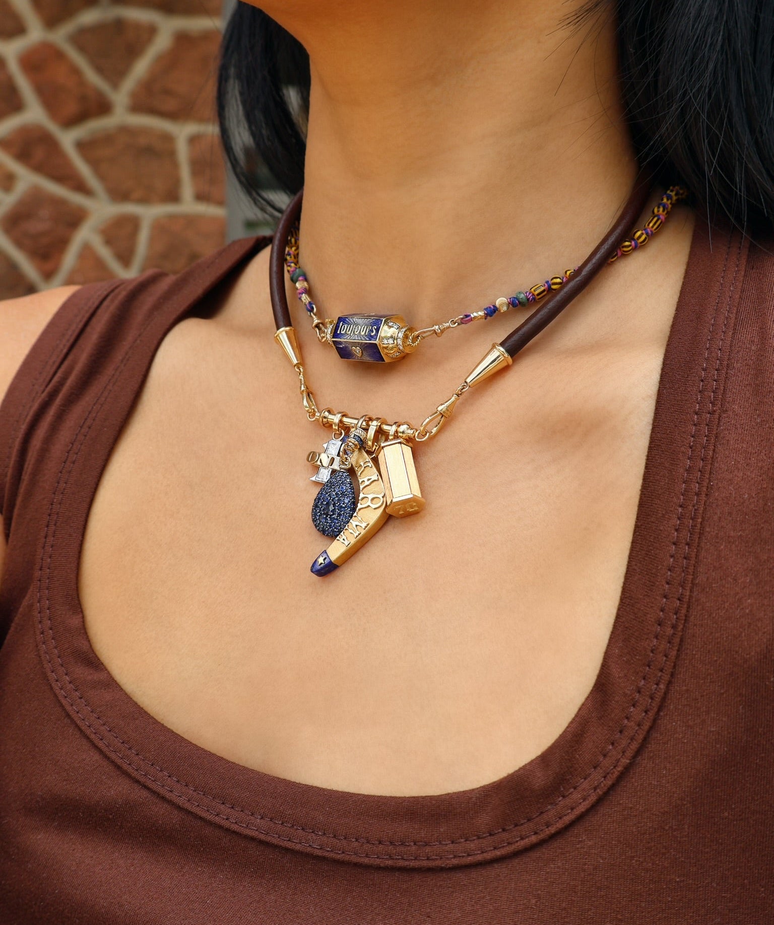 9k yellow gold black and yellow beaded Mauli Ghana cord necklace by marie Lichtenberg Tiny Gods