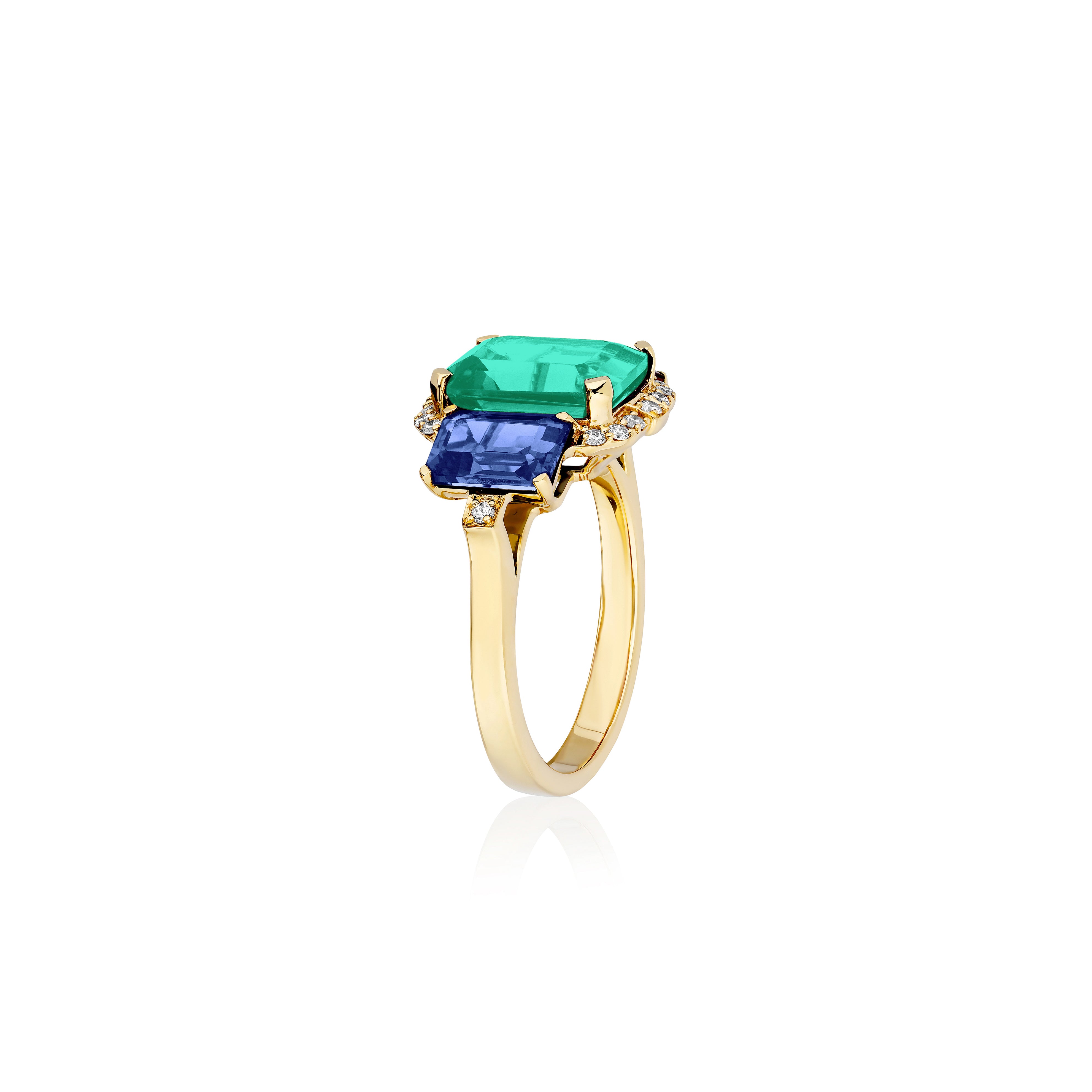 yellow gold 3 stone emerald blue sapphire diamond ring goshwara tiny gods