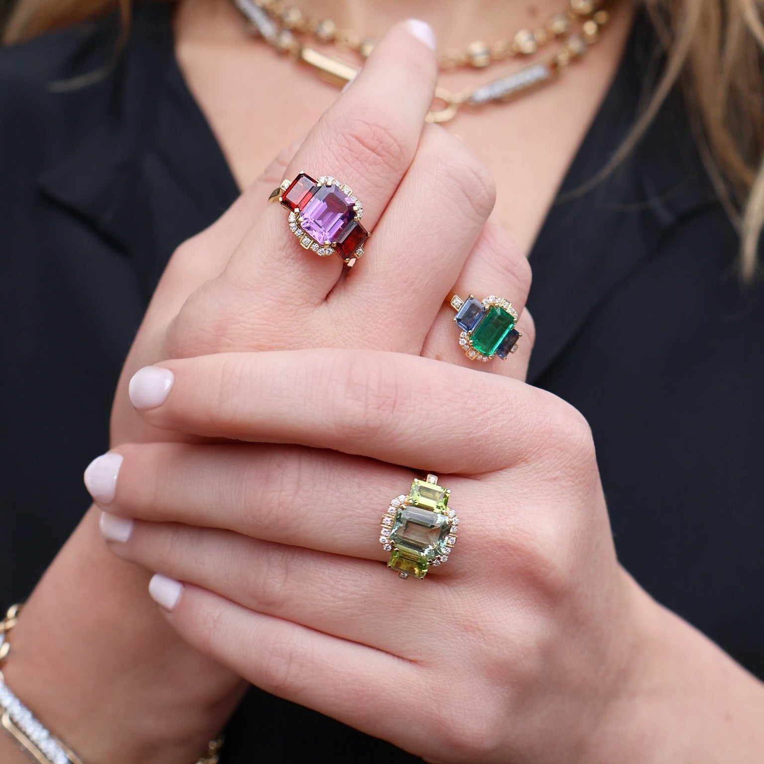 yellow gold 3 stone emerald blue sapphire diamond ring goshwara tiny gods