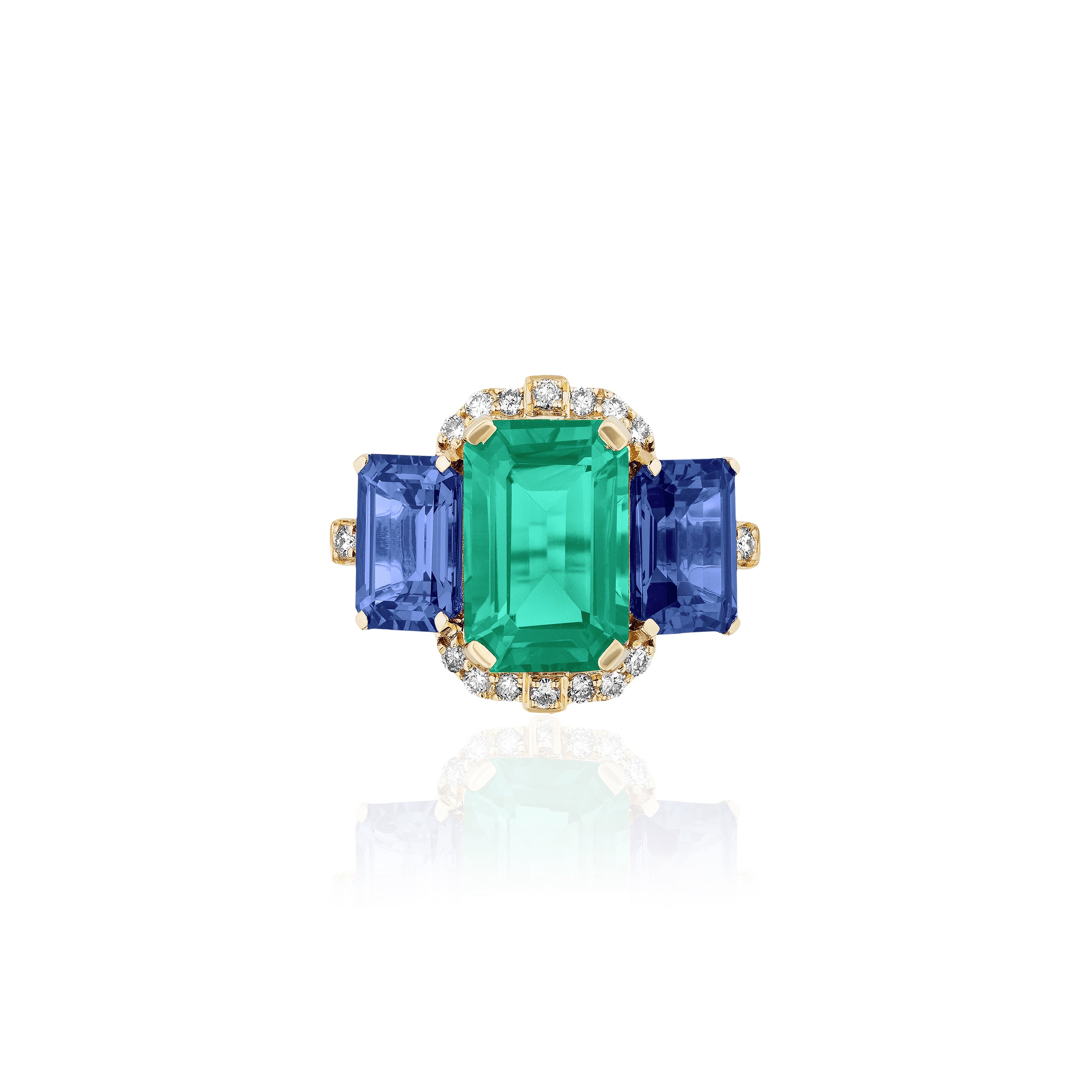 yellow gold 3 stone emerald blue sapphire diamond ring goshwara tiny gods