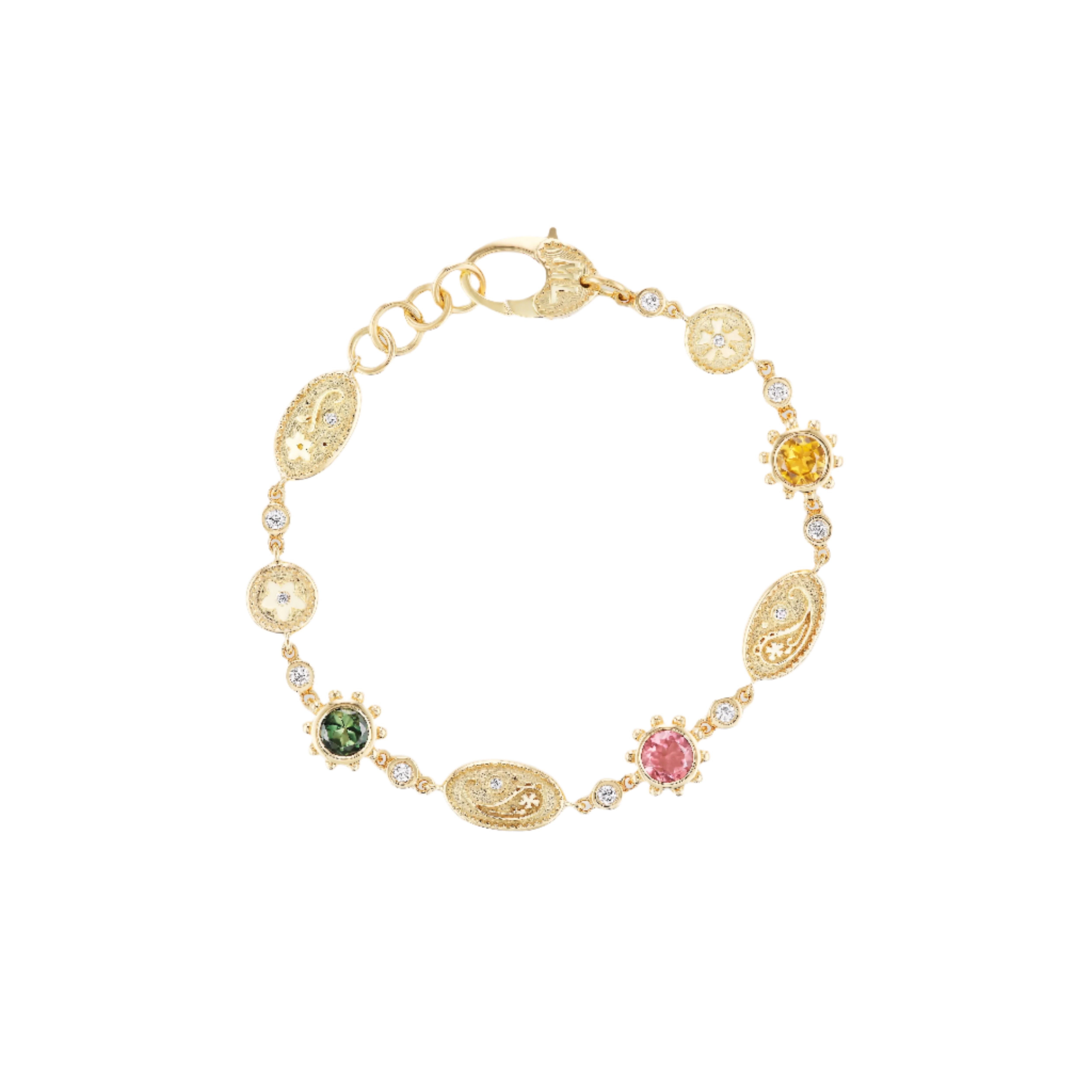 14k yellow gold three stone pink, green citrine southwestern diamond bracelet by Marlo Laz Tiny Gods