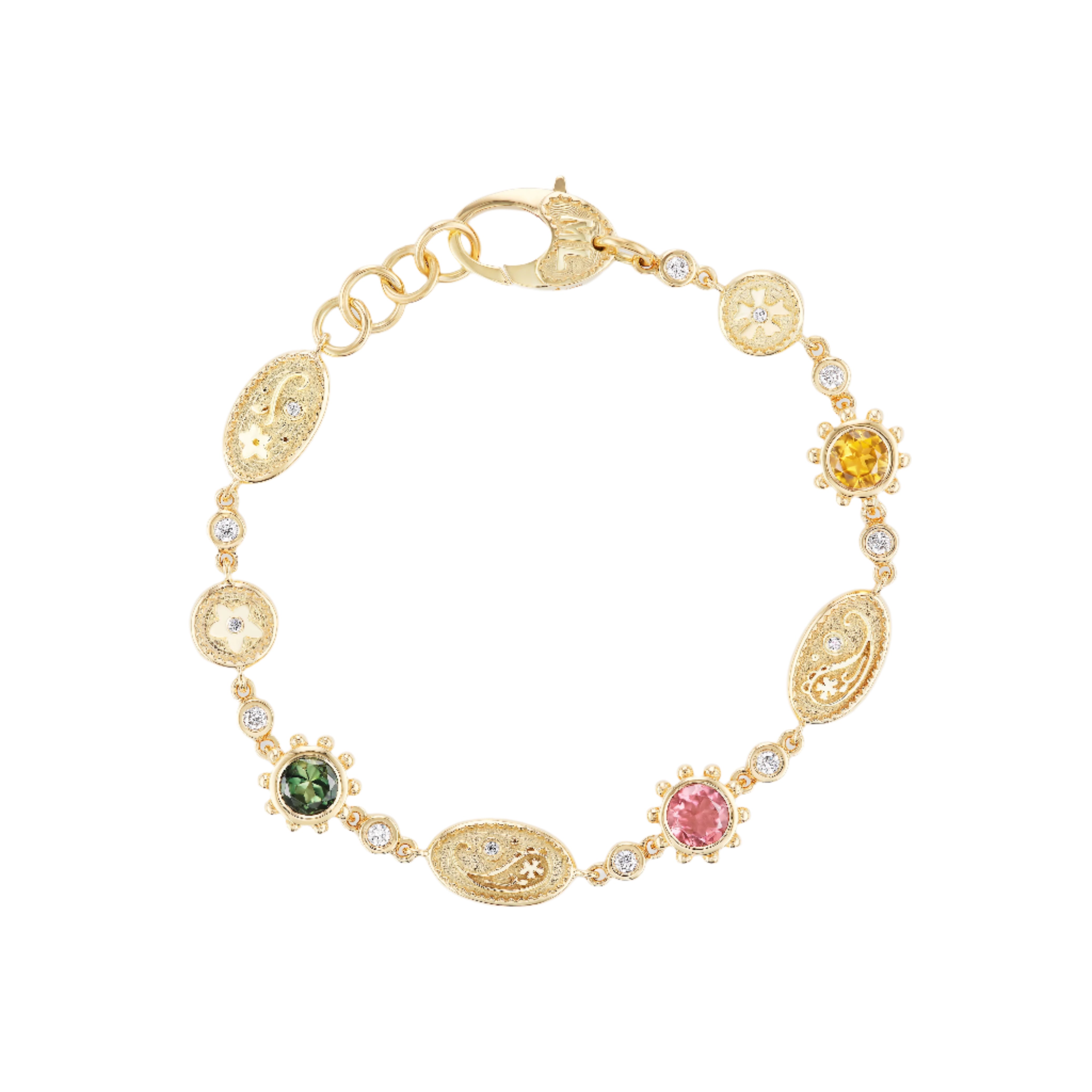 14k yellow gold three stone pink, green citrine southwestern diamond bracelet by Marlo Laz Tiny Gods