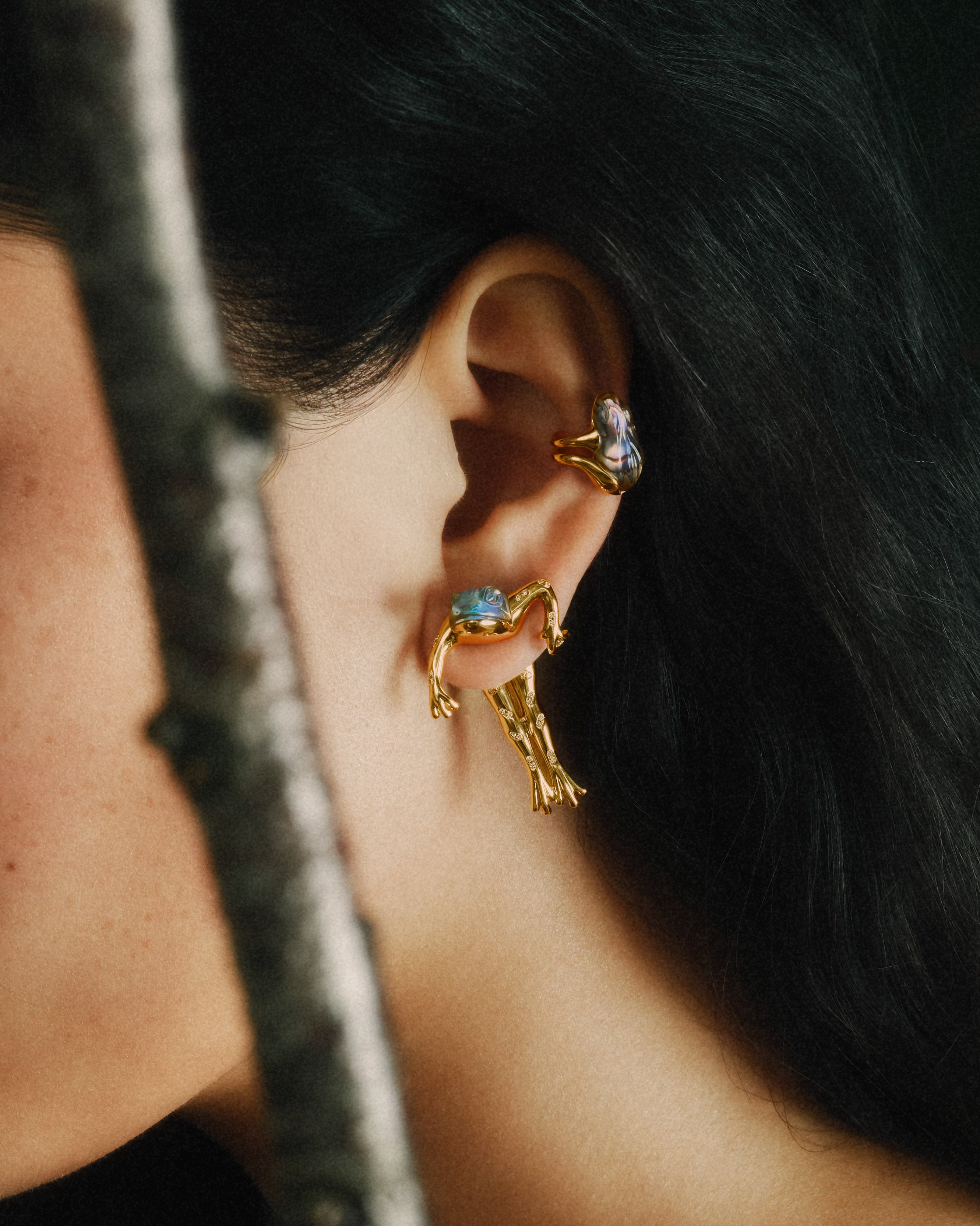 18k yellow gold diamond and crystal carved abalone hanging leaping frog stud earring by Bibi van der Velden Tiny Gods