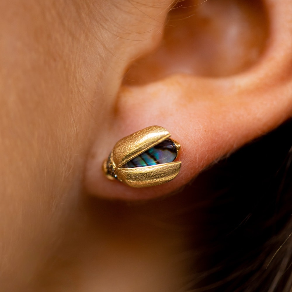 18k yellow gold mini scarab abalone fly wings stud single earring by Bibi van der Velden Tiny Gods