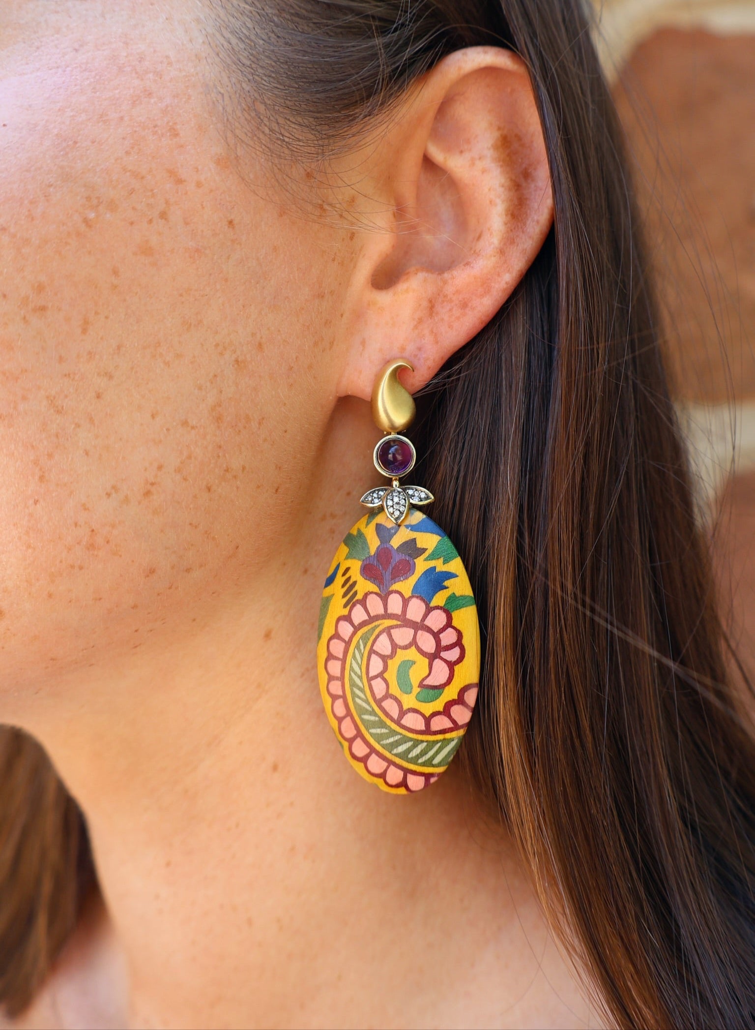 18k yellow gold yellow and bluempink paisley reversible oval marquetry wood earrings with diamonds and amethyst by Silvia Furmanovich Tiny Gods
