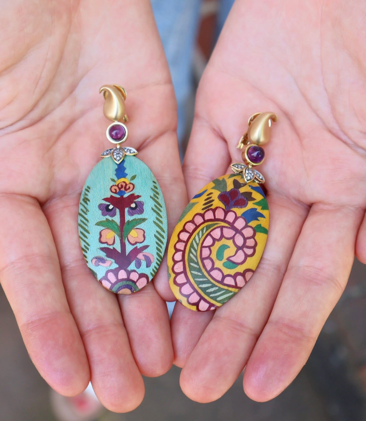 18k yellow gold yellow and bluempink paisley reversible oval marquetry wood earrings with diamonds and amethyst by Silvia Furmanovich Tiny Gods