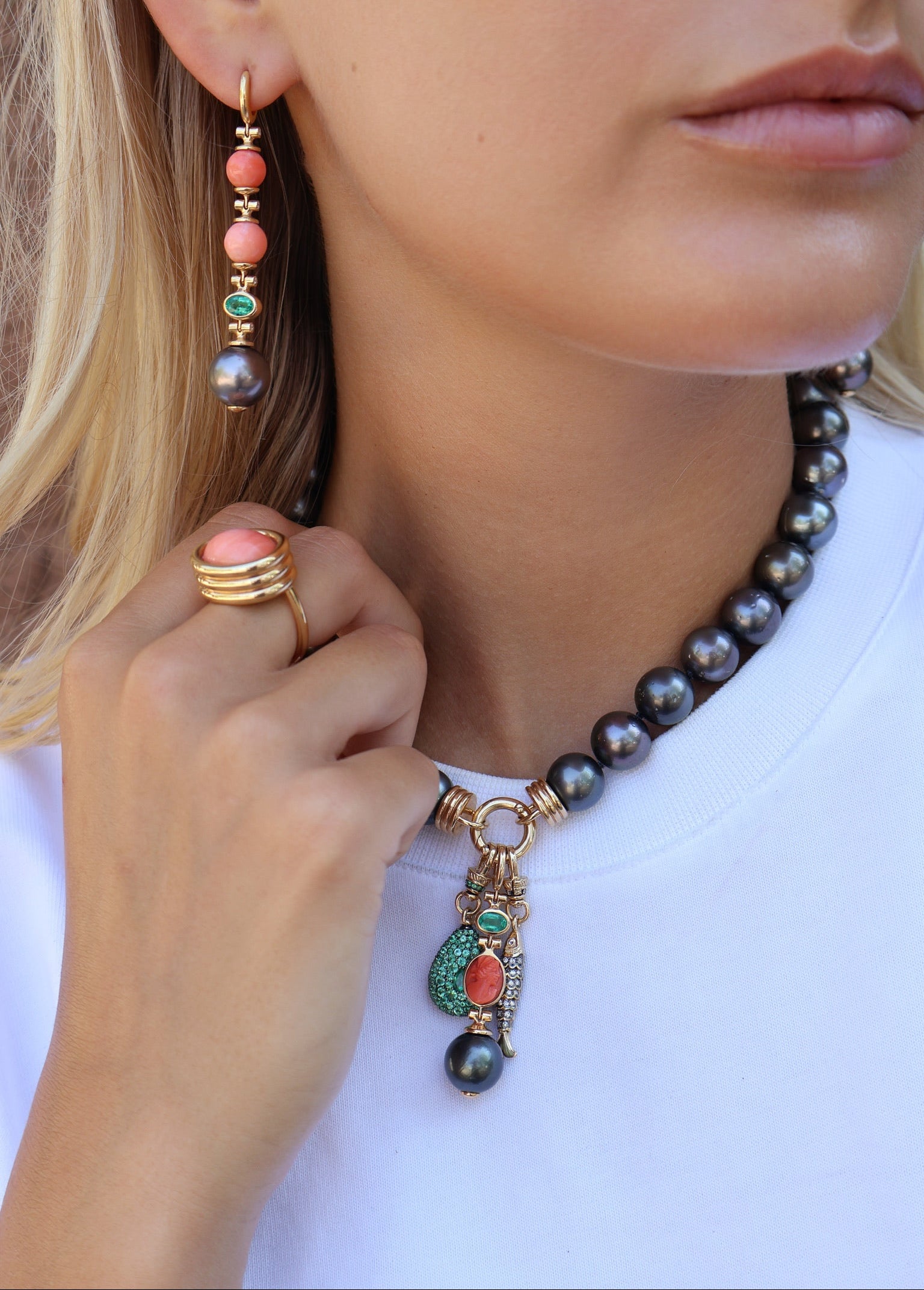 18k yellow gold one of a kind Tahitian grey pearl ancla choker necklace by Beck Tiny Gods