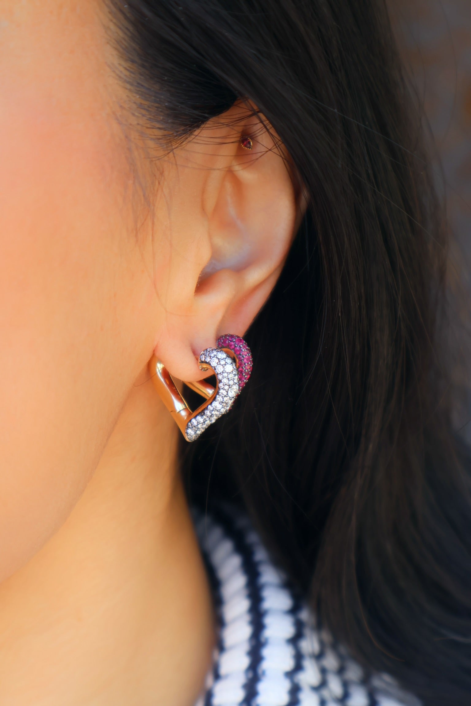 14k yellow gold black rhodium antique finish diamond chubby love heart hoop earrings by Lucy Delius Tiny Gods