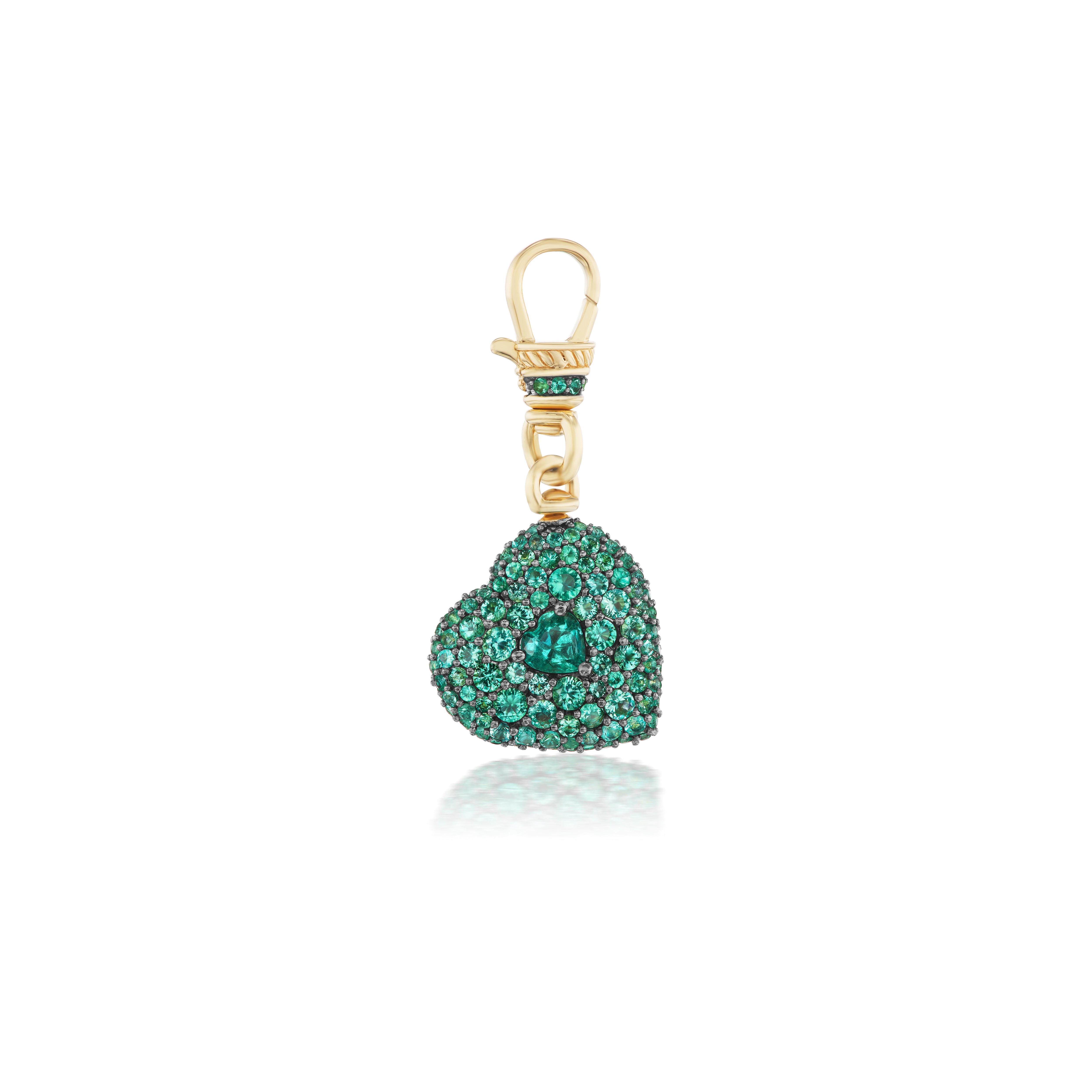 14k yellow gold emerald antique finish love heart pendant with anchor clip by Lucy Delius Tiny Gods