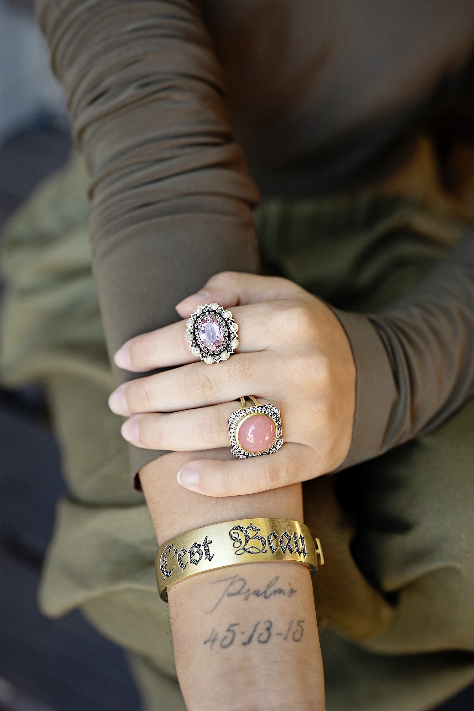 18k yellow gold pink topaz antique Georgian style diamond and seed pearl bead ring by Sylva & Cie Tiny Gods