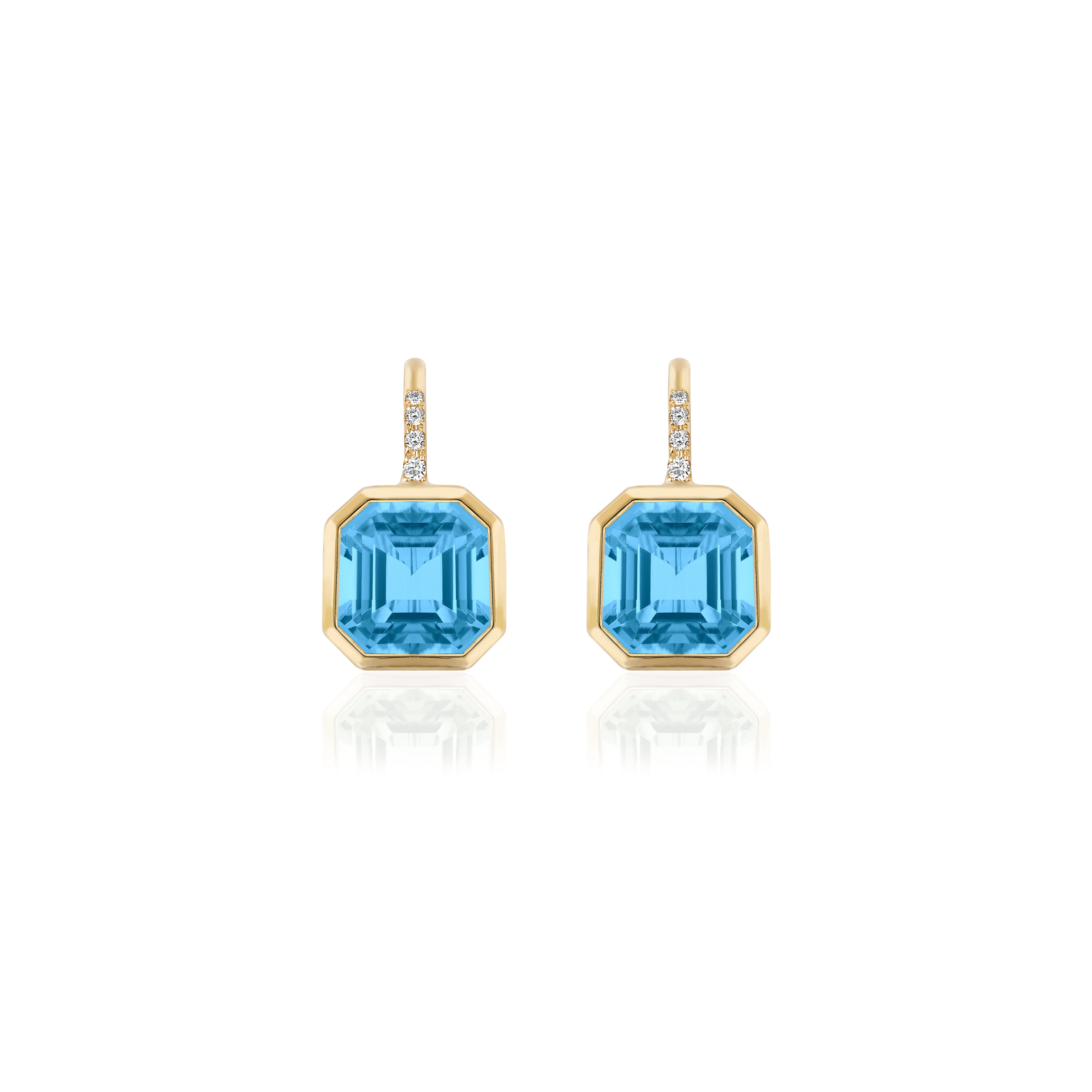 18k below gold asscher cut blue topaz diamond dangle earrings on French wire by Goshwara Tiny Gods
