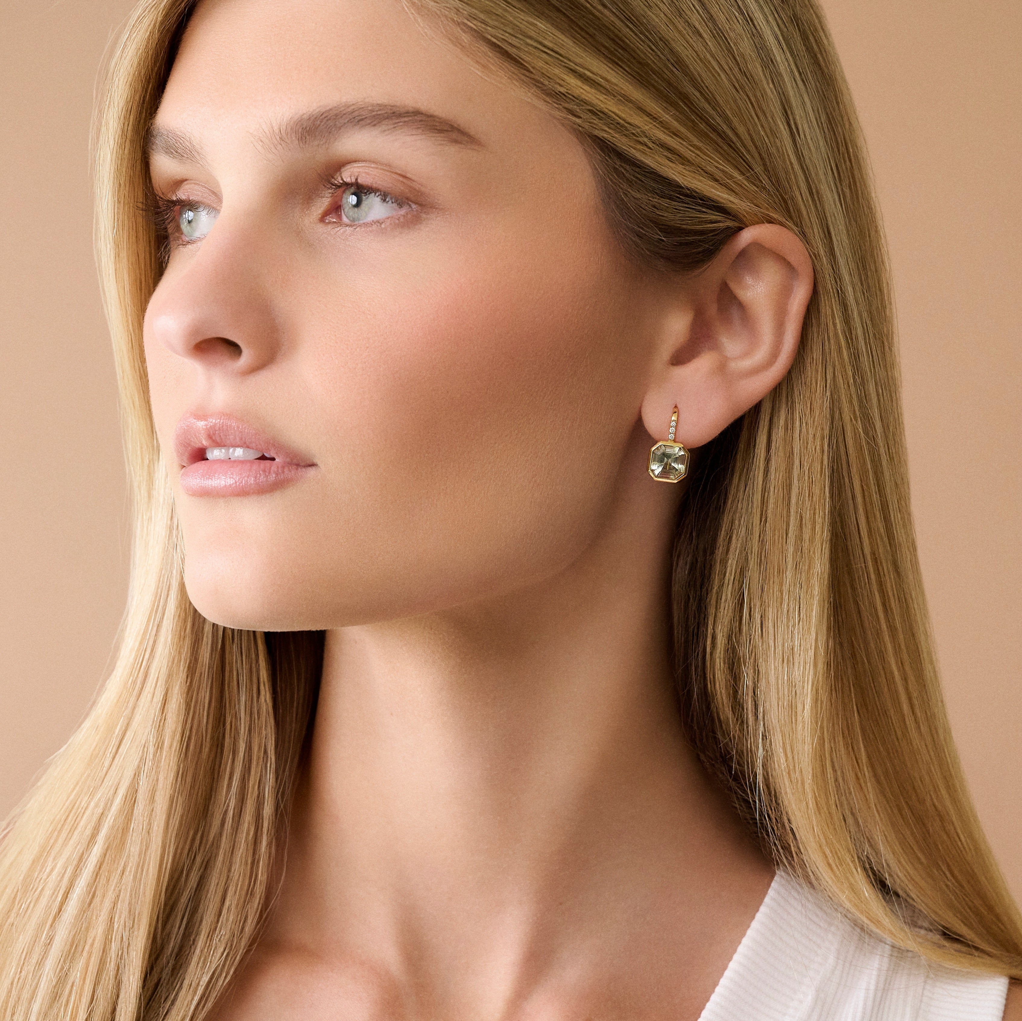 18k yellow gold asscher cut prasiolite diamond French wire dangle earrings by Goshwara Tiny Gods