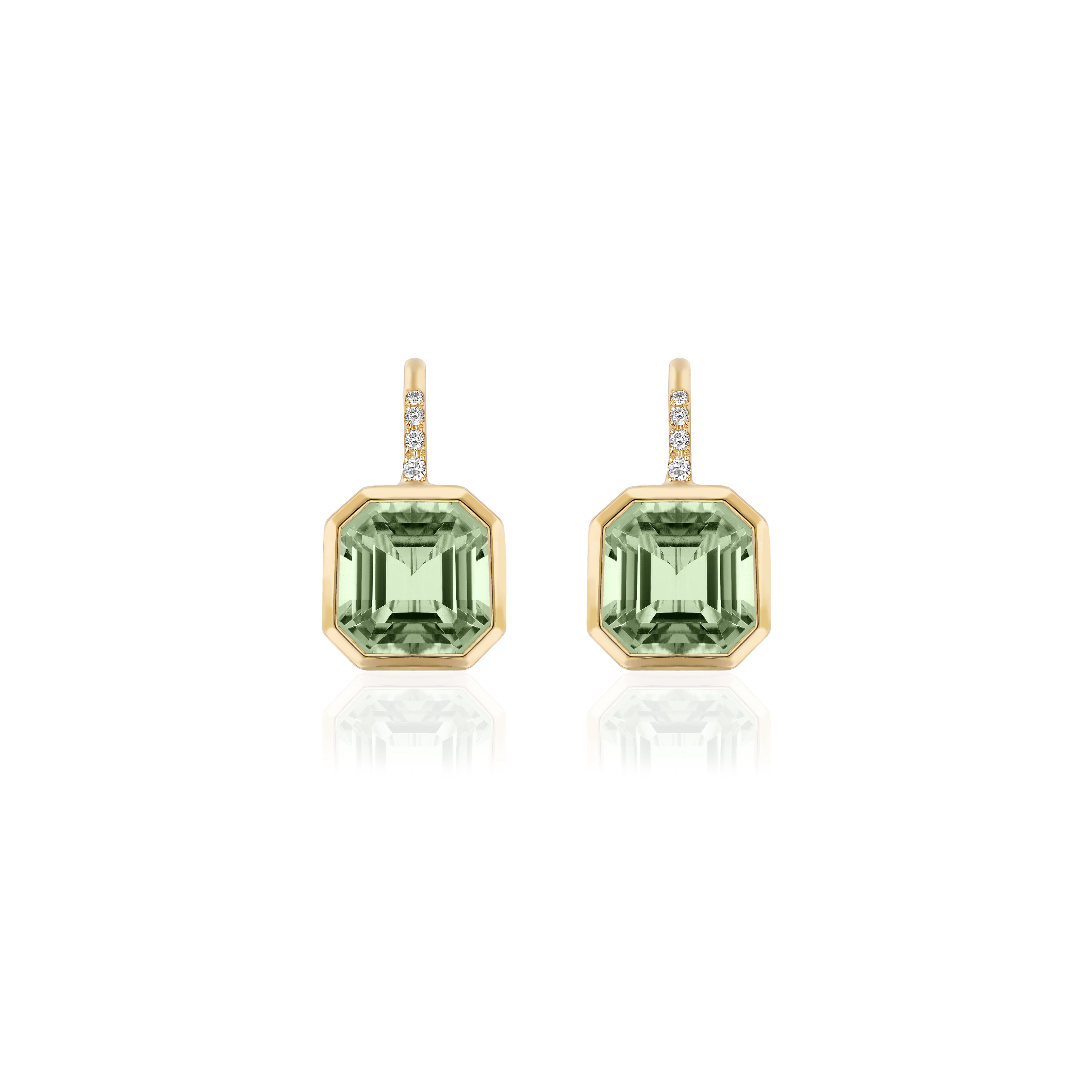 18k yellow gold asscher cut prasiolite diamond French wire dangle earrings by Goshwara Tiny Gods