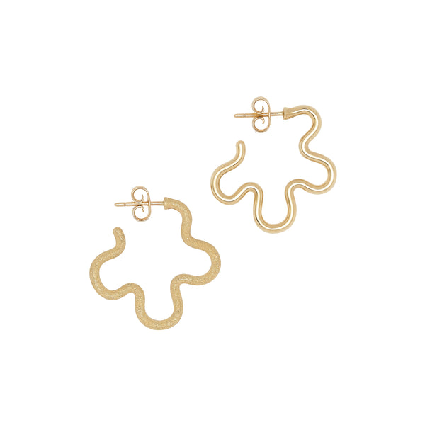 9k yellow gold polished and diamond finish asymmetrical  flower hoop earrings by Bea Bongiasca Tiny Gods