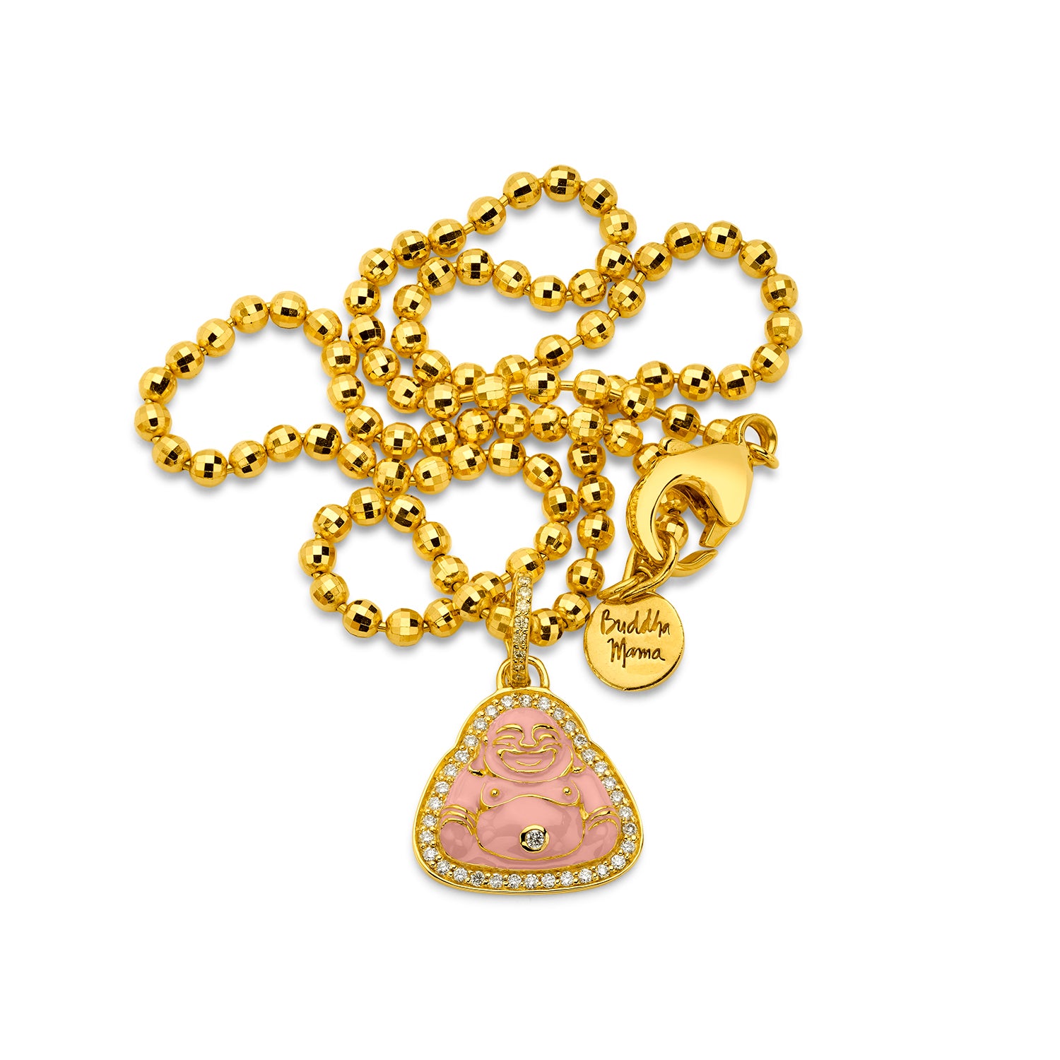 20k yellow gold small baby buddha pendant with pink enamel and diamonds by Buddha Mama Tiny Gods