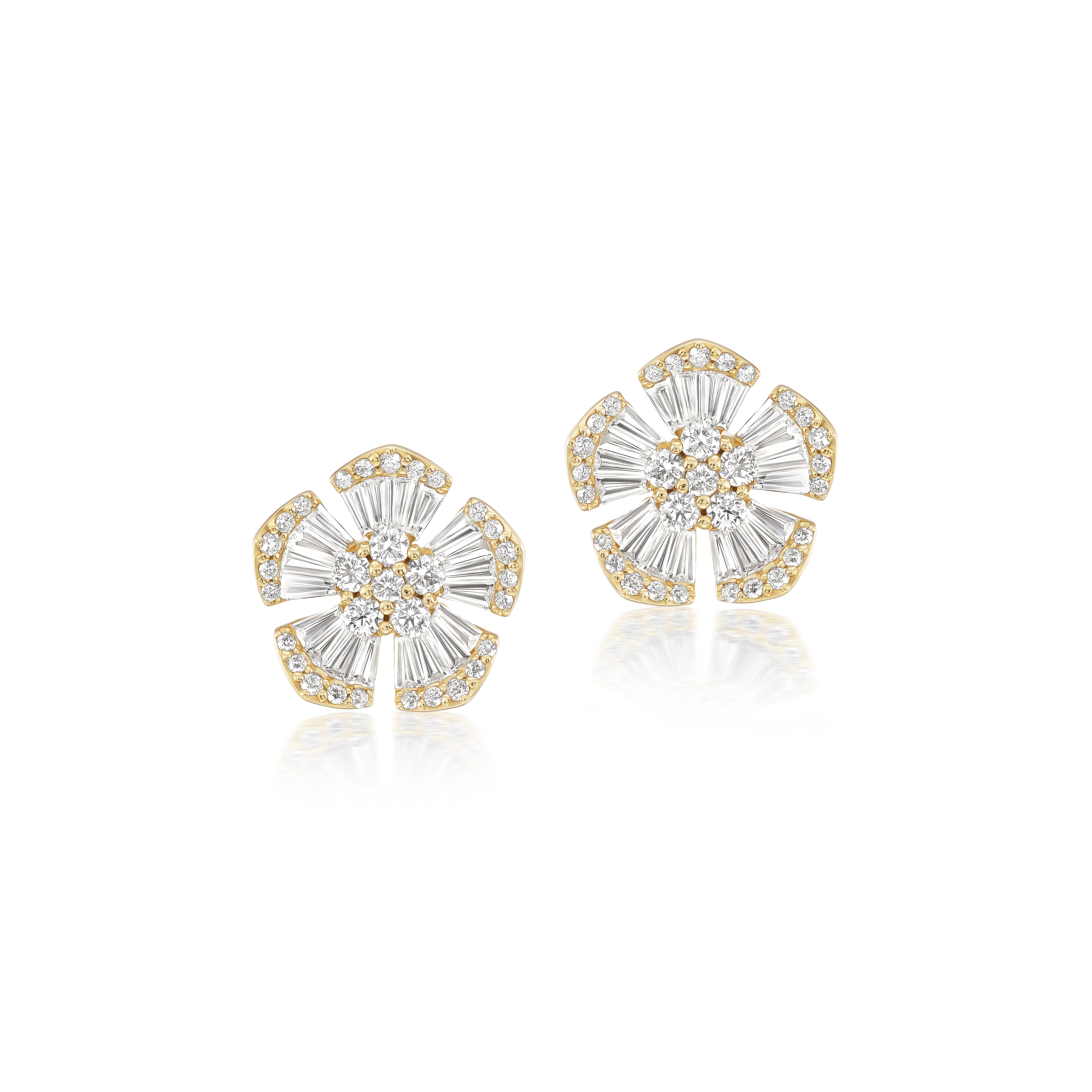 14k yellow gold diamond baguette and pave diamond flower stud earrings Tiny Gods