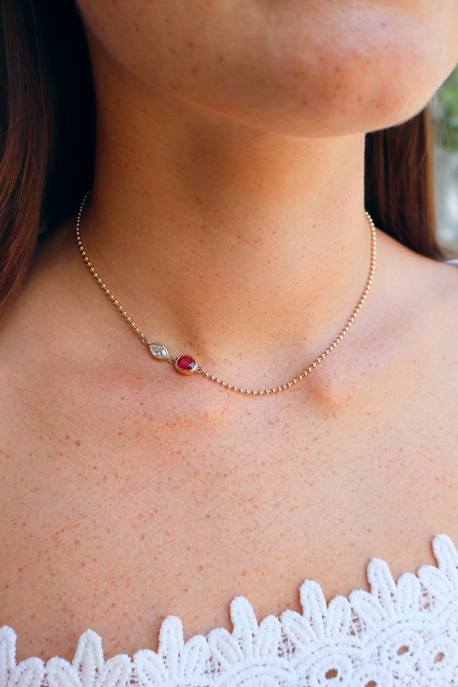14k yellow gold diamond marquis and oval ruby ball chain necklace Tiny Gods