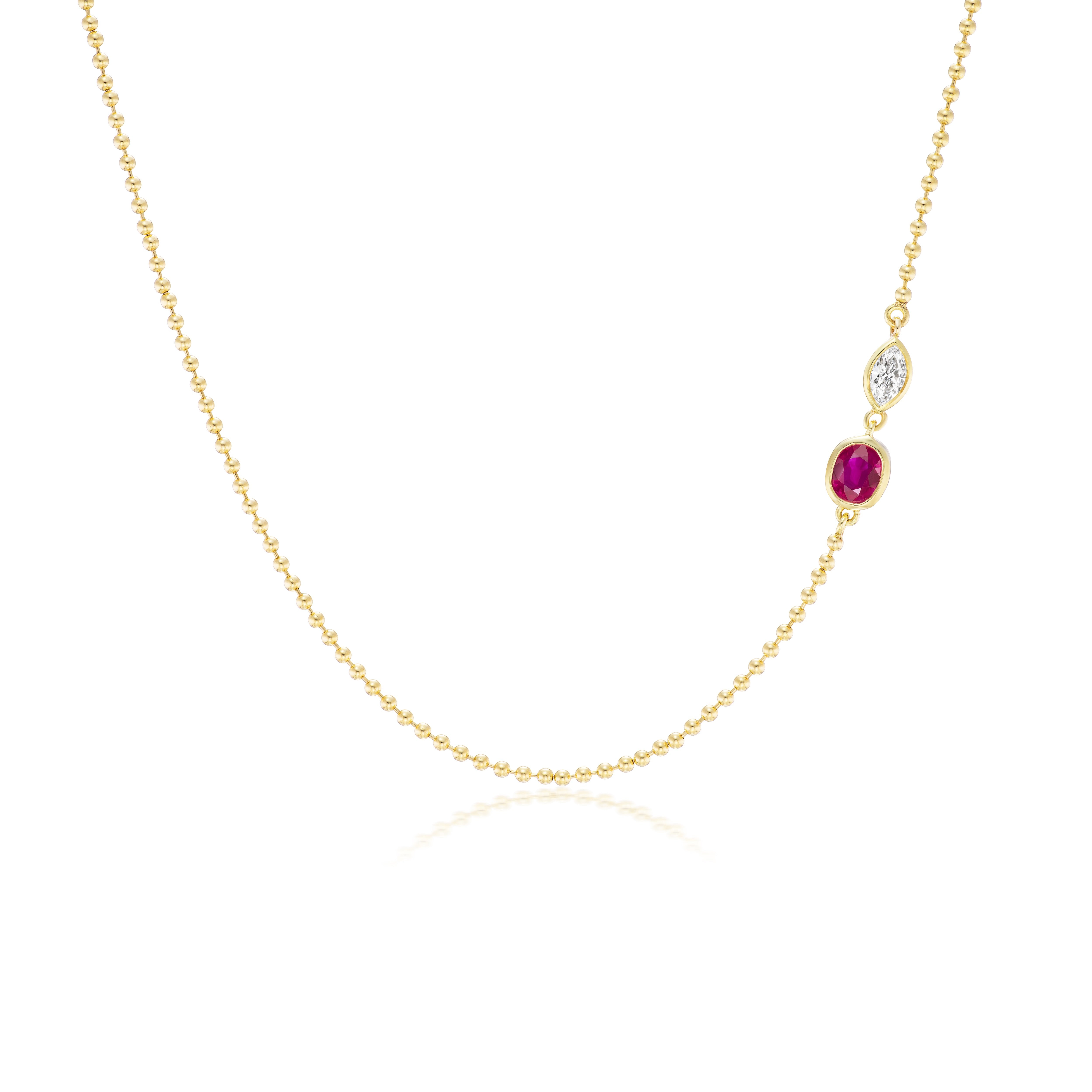 14k yellow gold diamond marquis and oval ruby ball chain necklace Tiny Gods