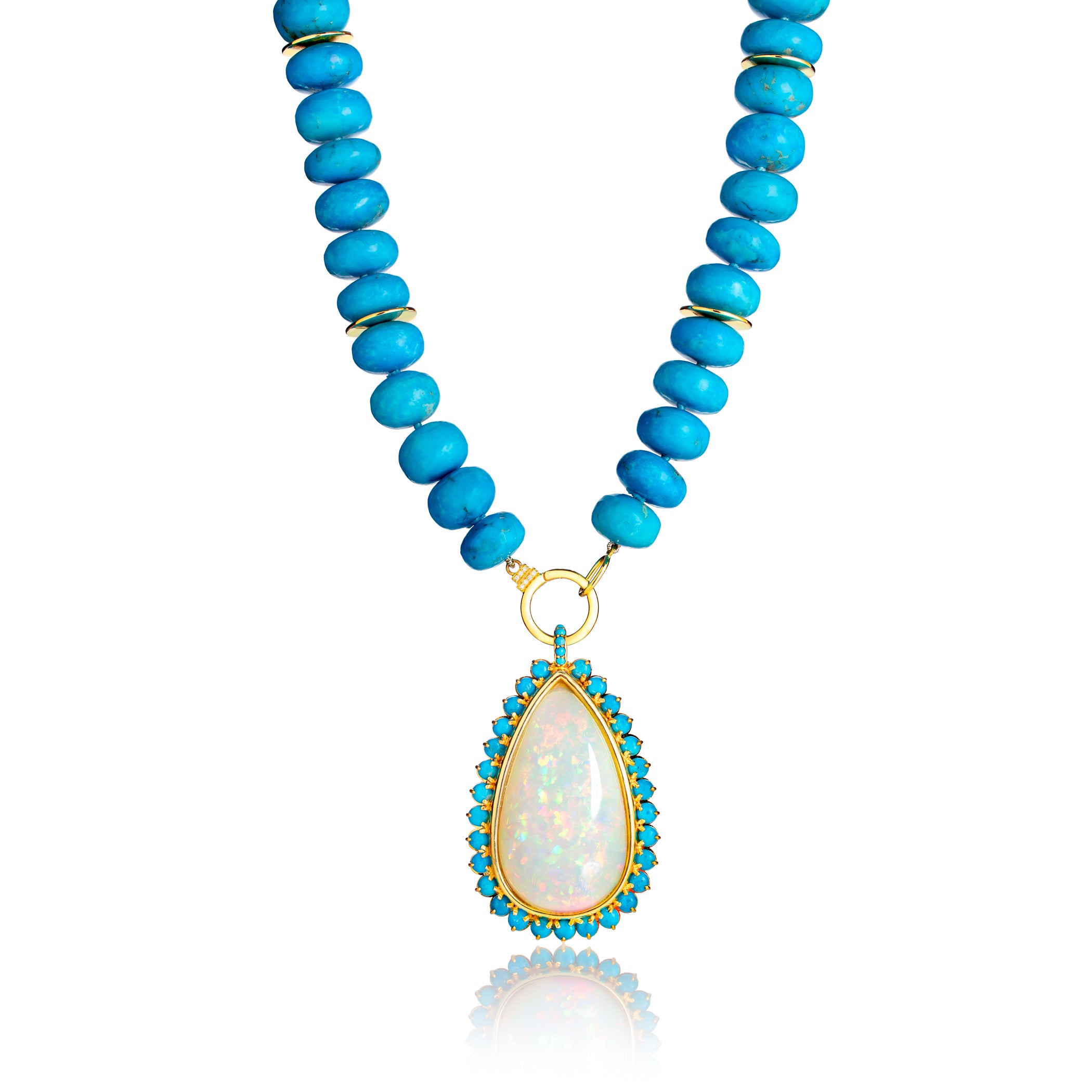 Large White Opal Teardrop Pendant with Turquoise Bead Necklace
