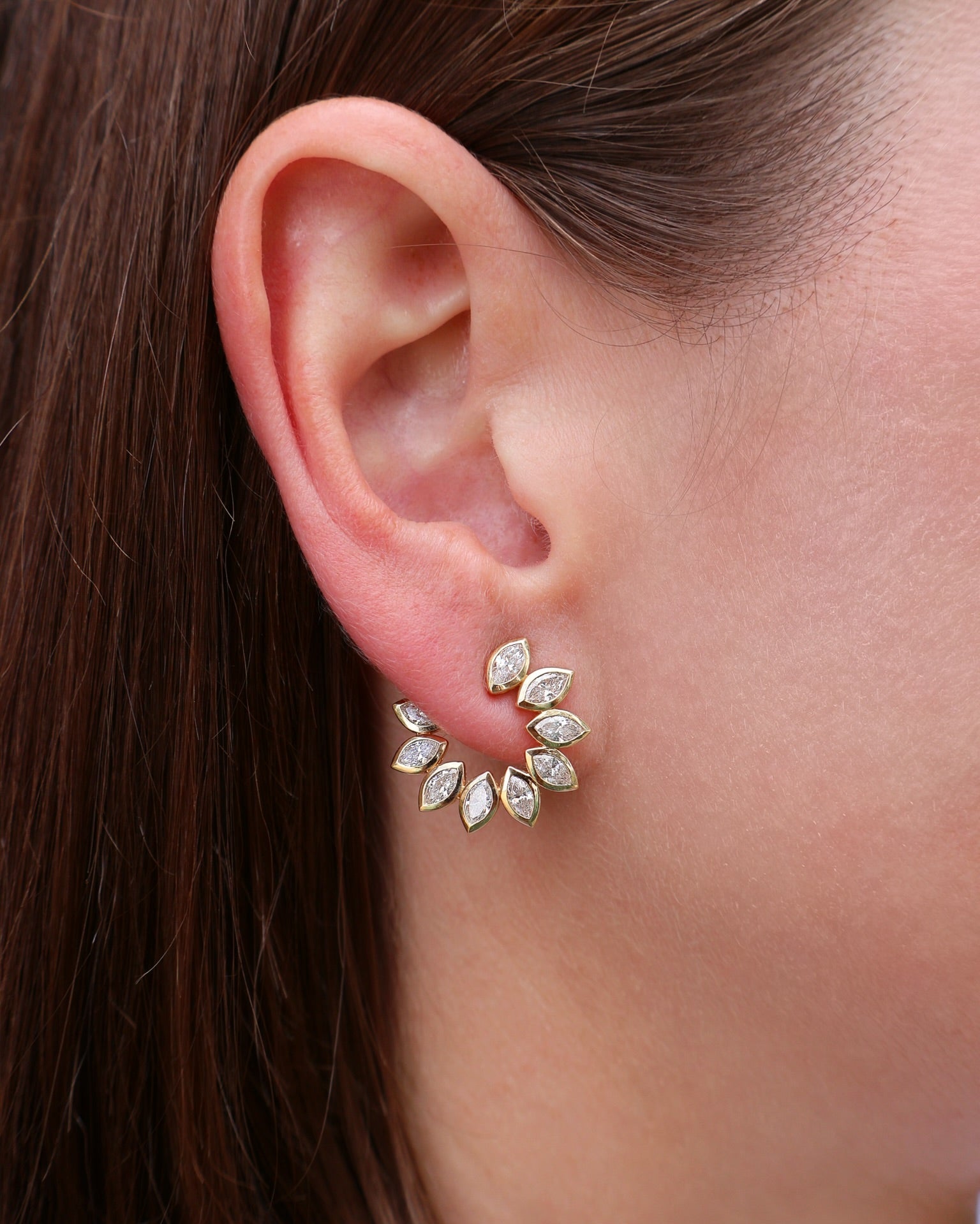 yellow gold bezel marquis diamond forward facing hoop earrings