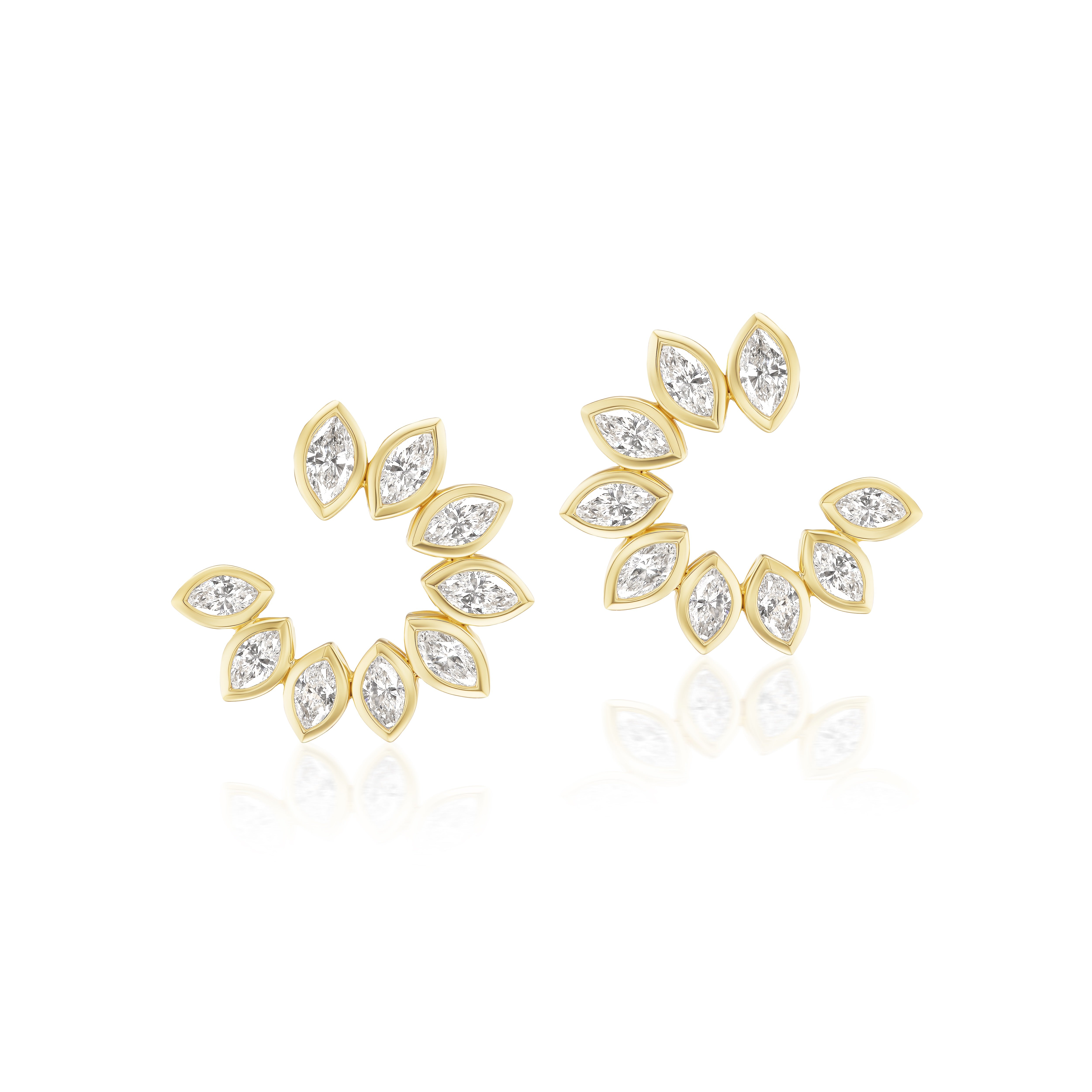yellow gold bezel marquis diamond forward facing hoop earrings
