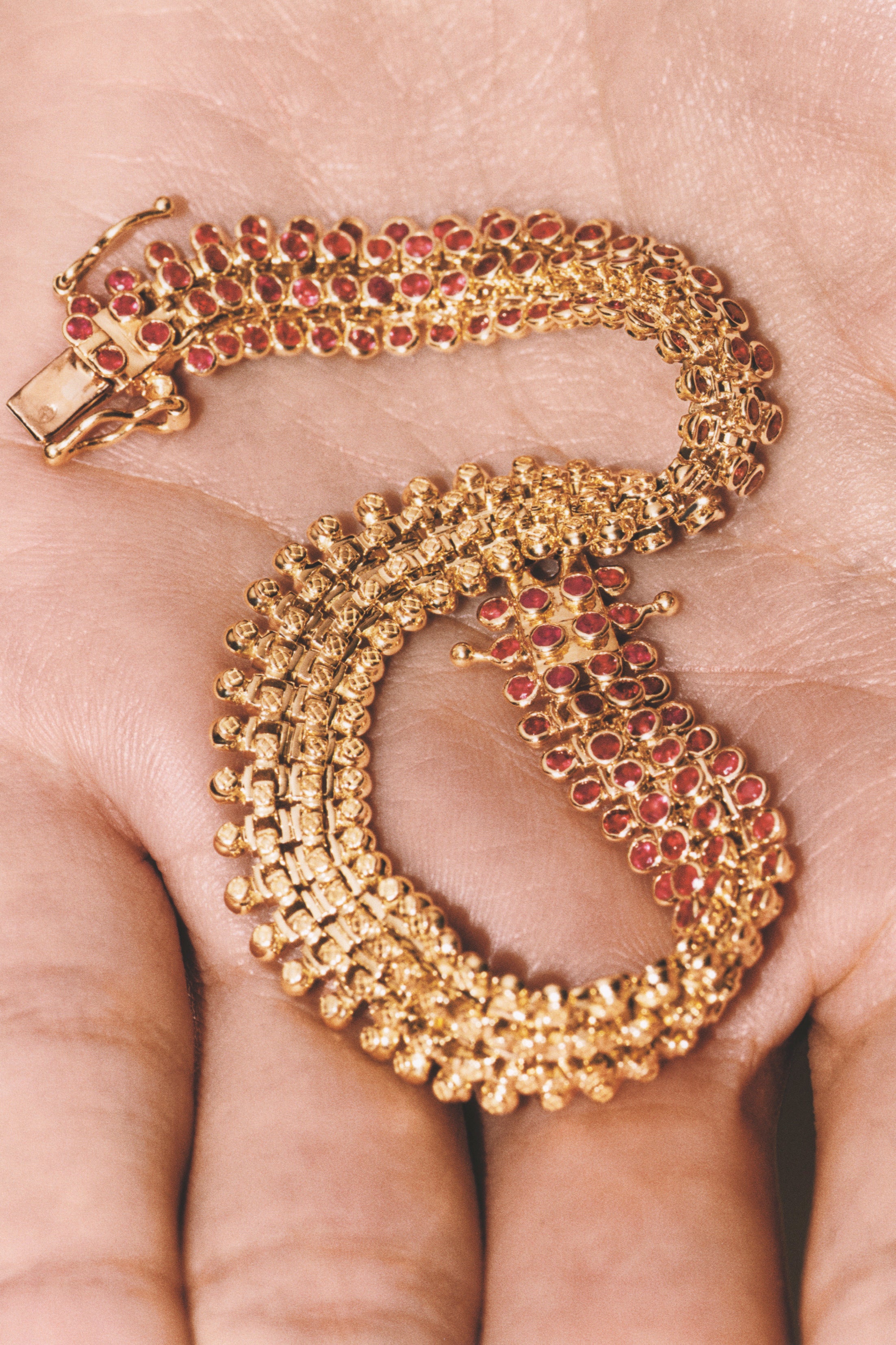 18k yellow gold ruby bezel mesh chain bracelet by Marie Lichtenberg Tiny Gods