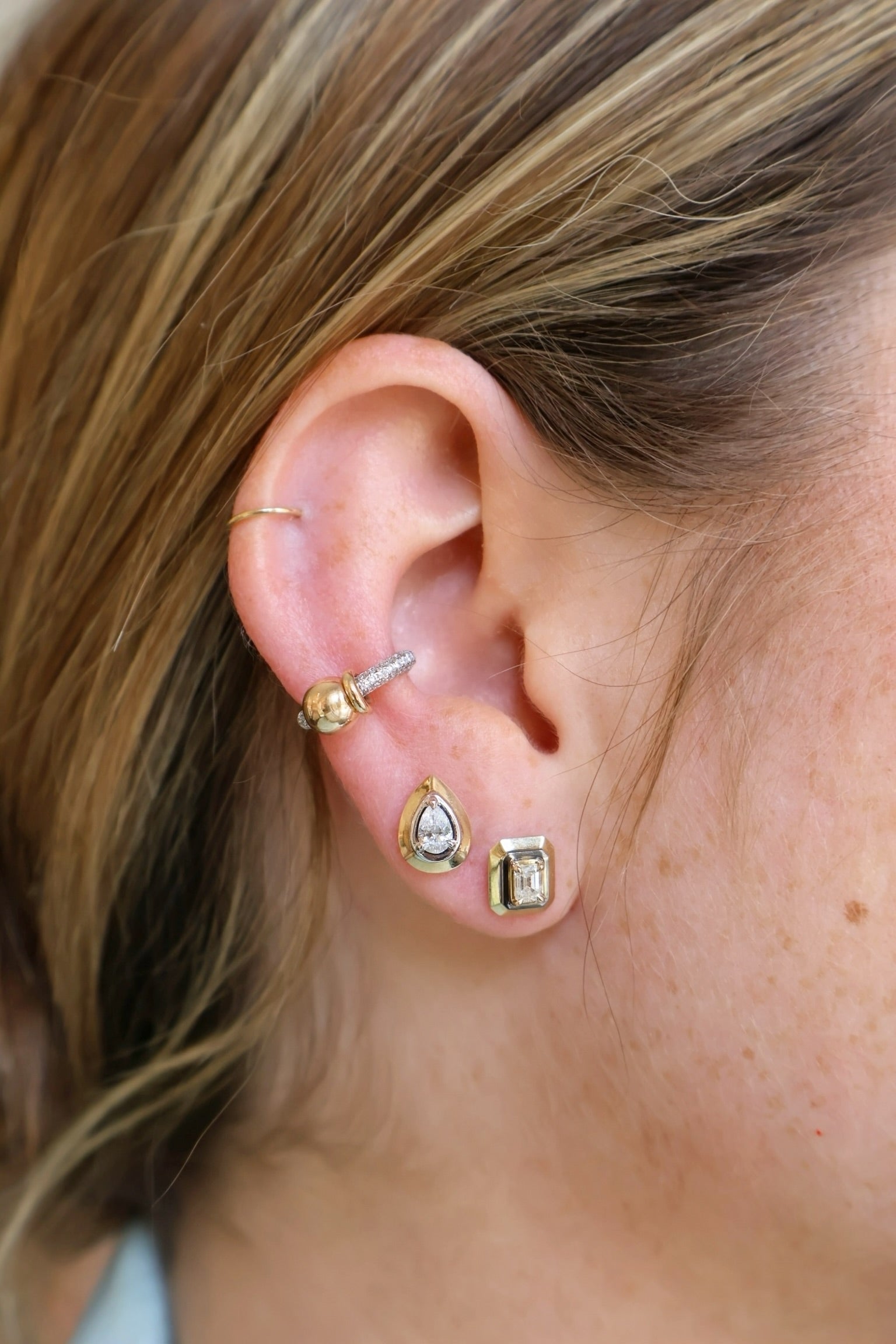 14k yellow gold white rhodium pear diamond tribal stud earring by Rainbow K Tiny Gods