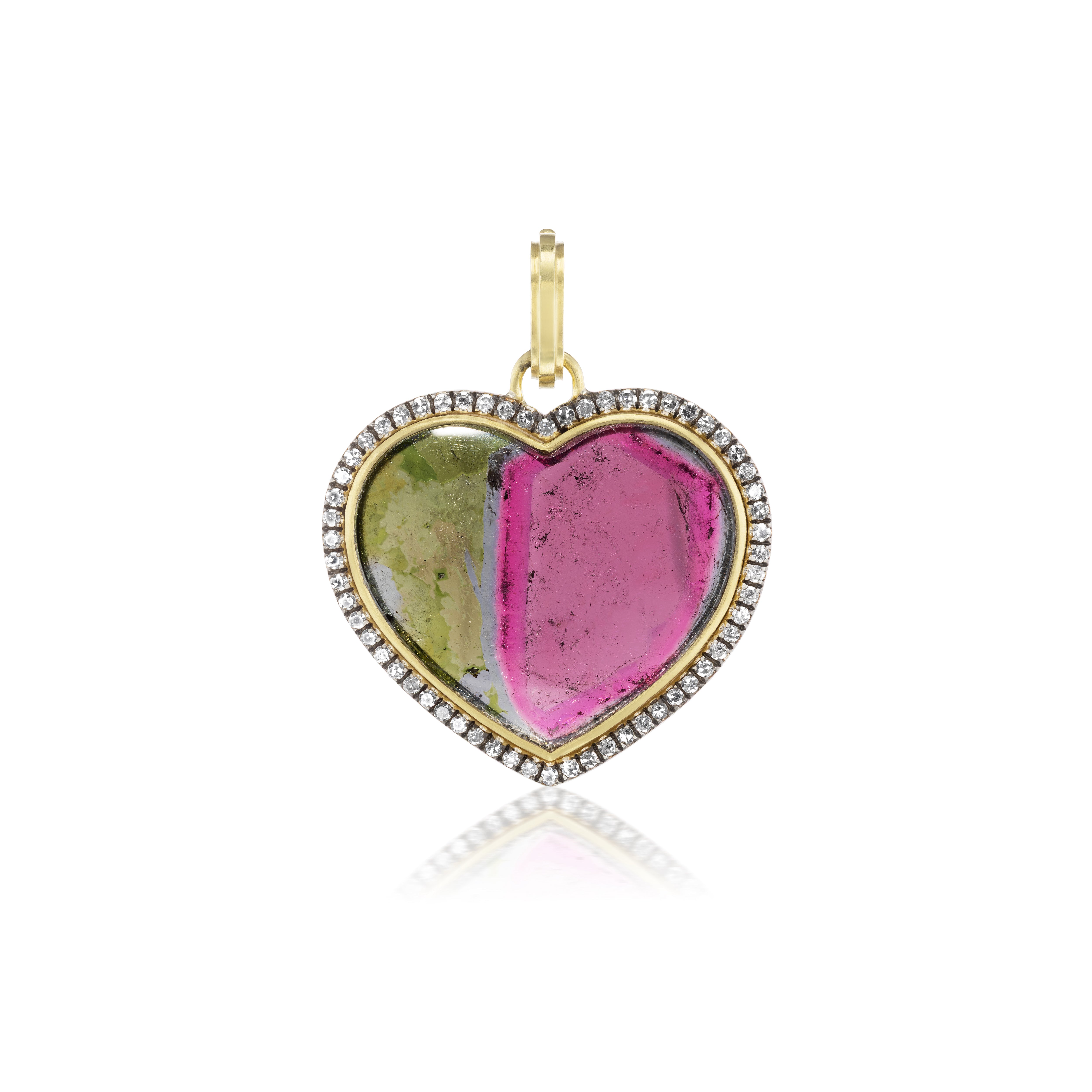 18k yellow gold bi colored water melon tourmaline pink and green heart pendant with diamond border by Sylva Cie Tiny Gods