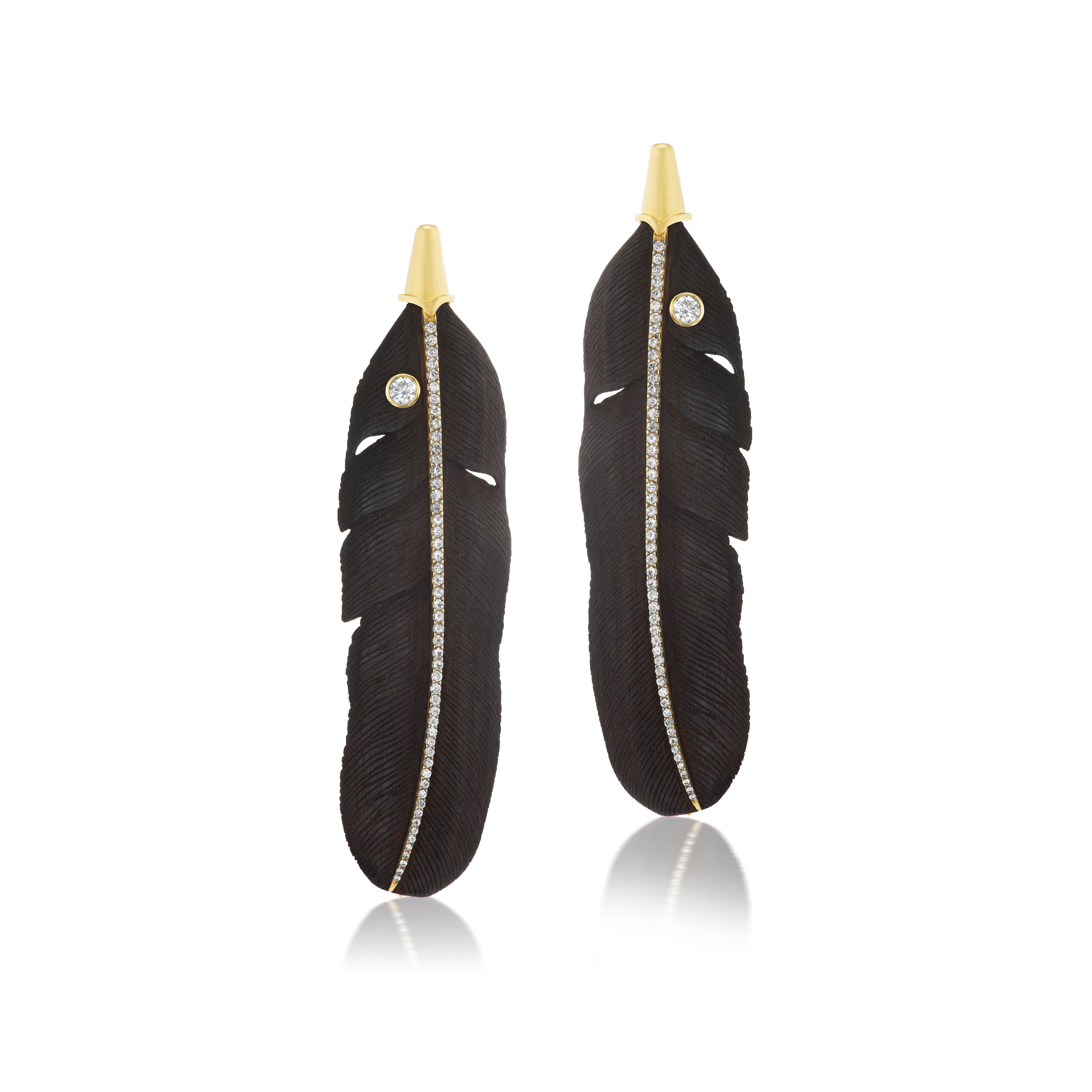 18k yellow gold and diamond black carved feather long earrings by Silvia Furmanovich Tiny Gods