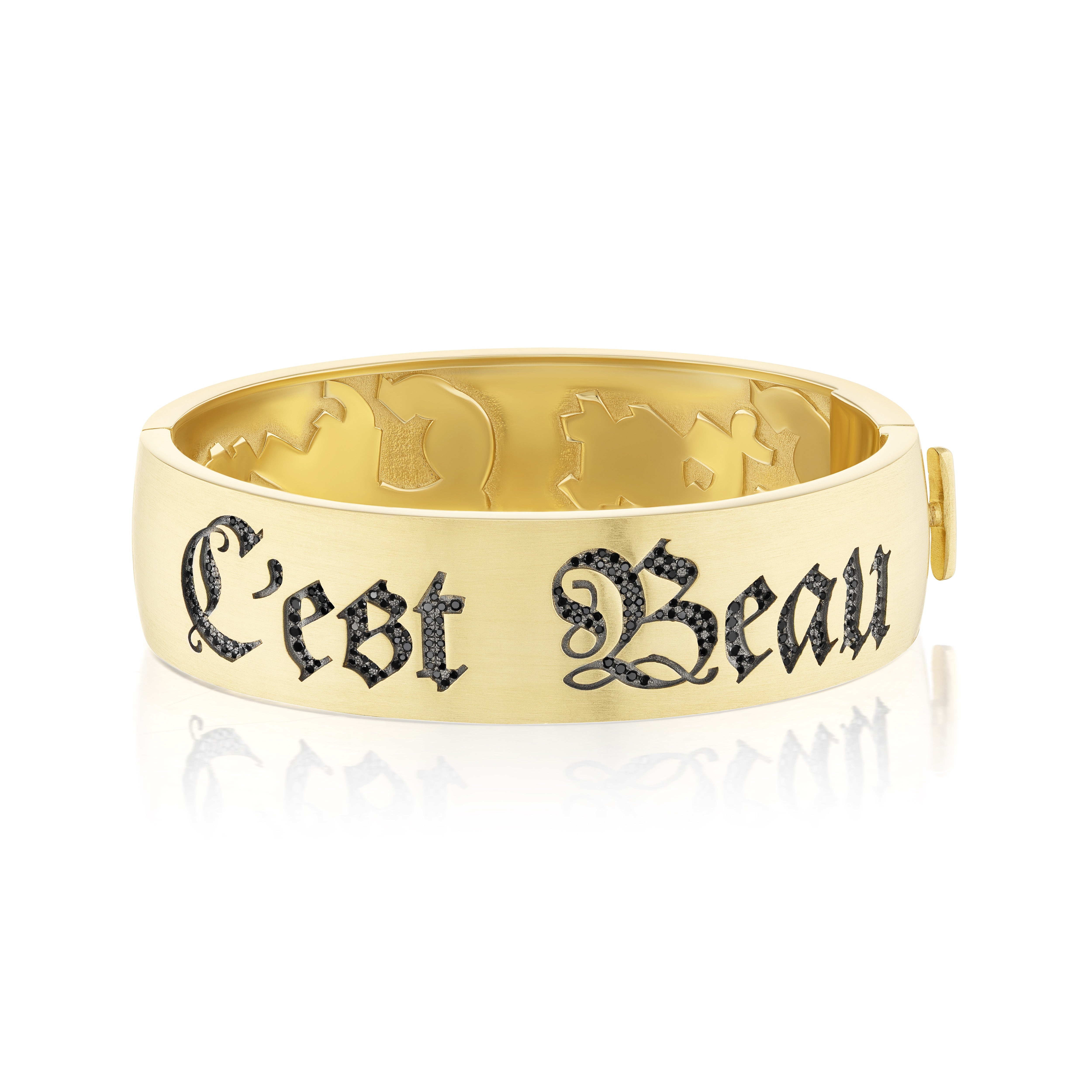 18k yellow gold black diamond inscription c'est beau c'est cher its beautiful its expensive cuff wide bracelet by Sylva & Cie Tiny Gods