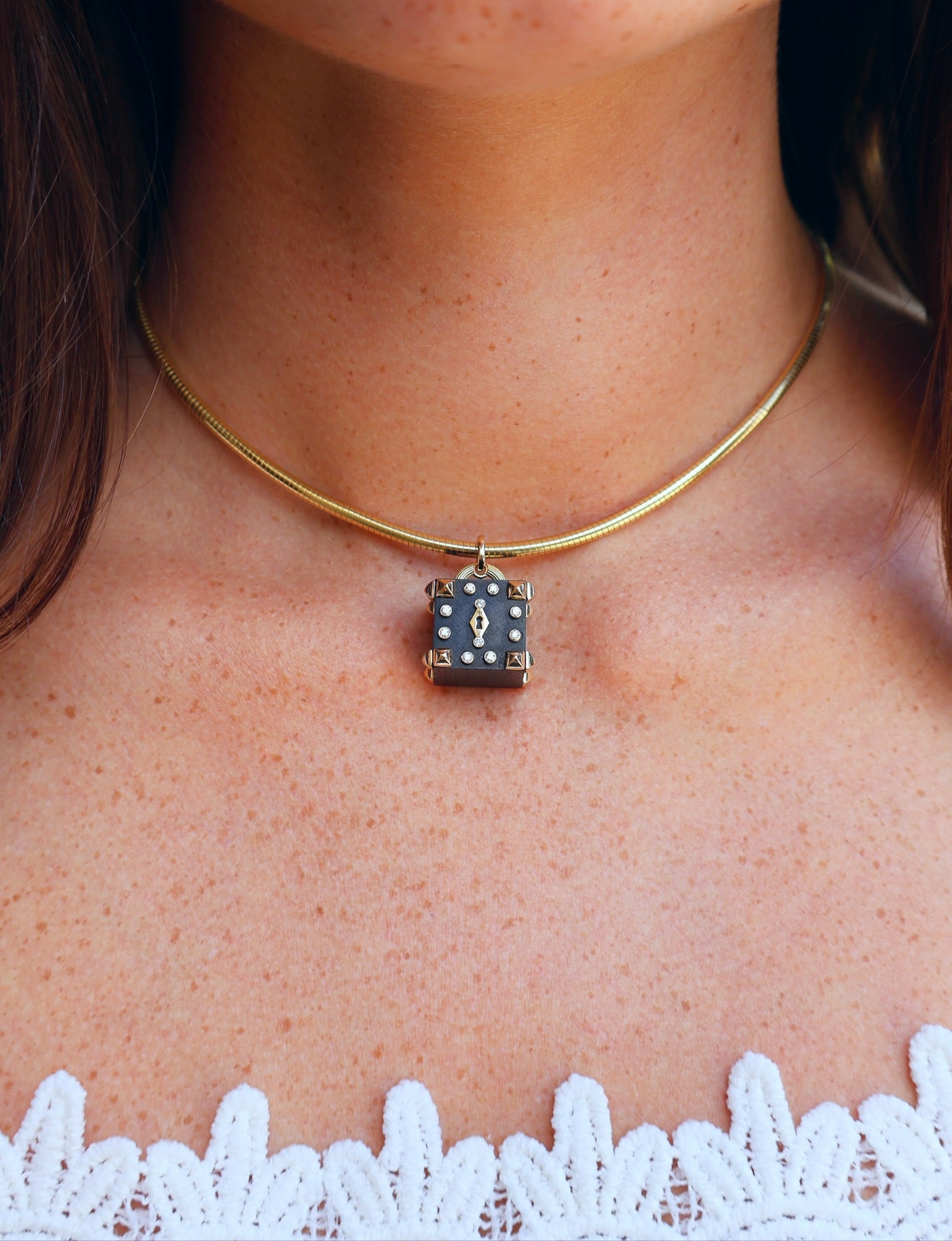 18k yellow gold diamond studded rocketed ebony square trunk pendant by Salome Rico Tiny Gods