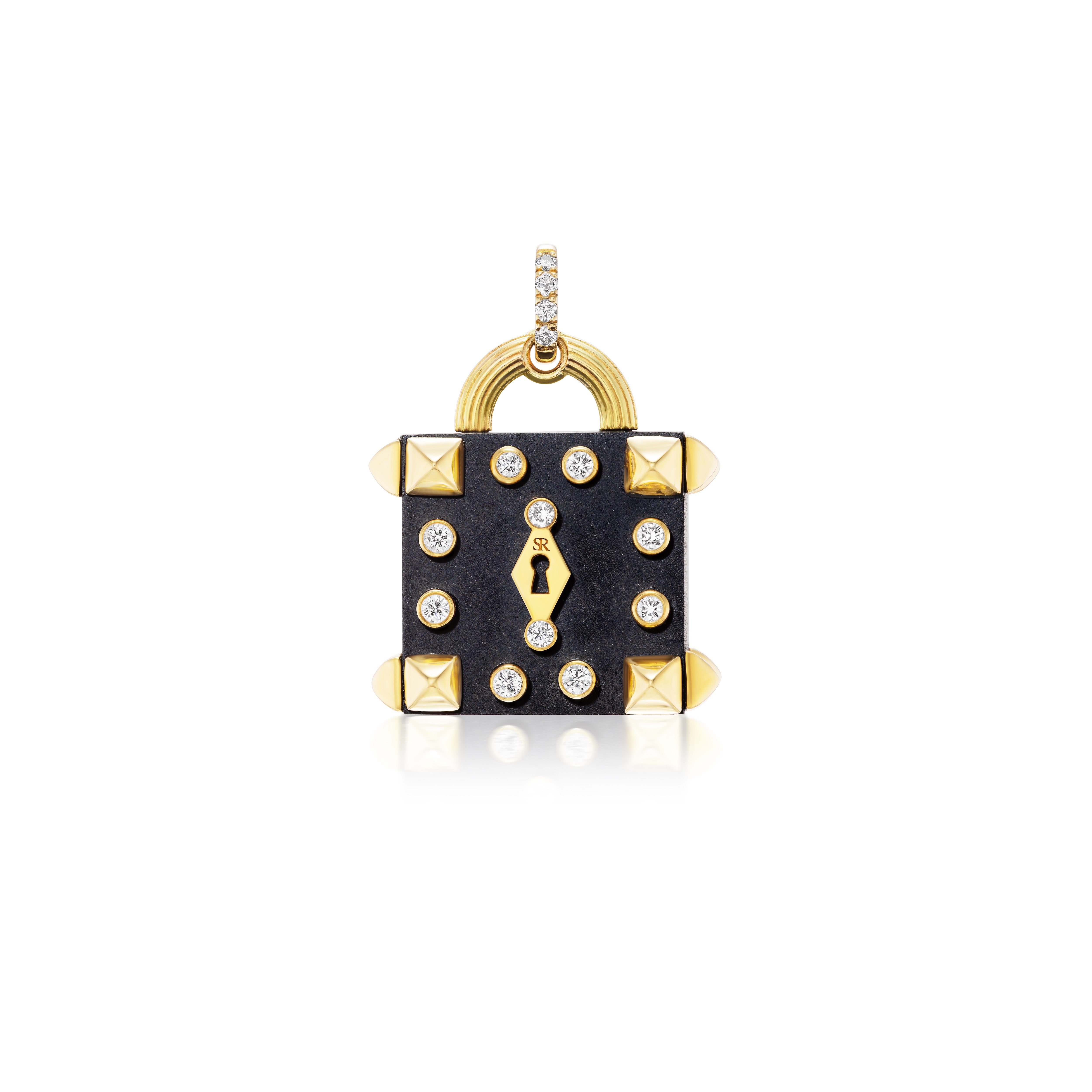18k yellow gold diamond studded rocketed ebony square trunk pendant by Salome Rico Tiny Gods