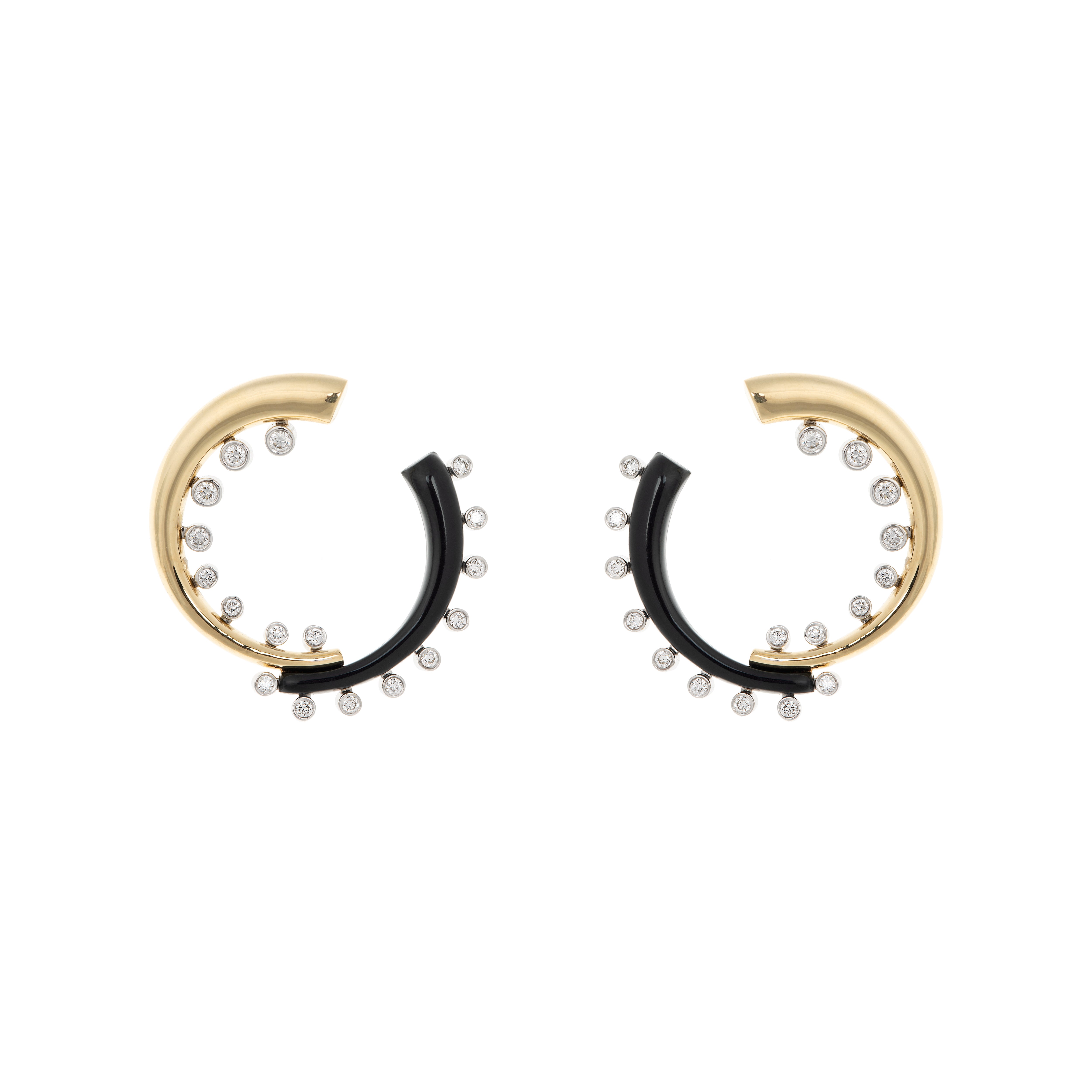 18k yellow and white gold diamond black enamel forward facing hoop earrings by Nikos Koulis Oui Tiny Gods