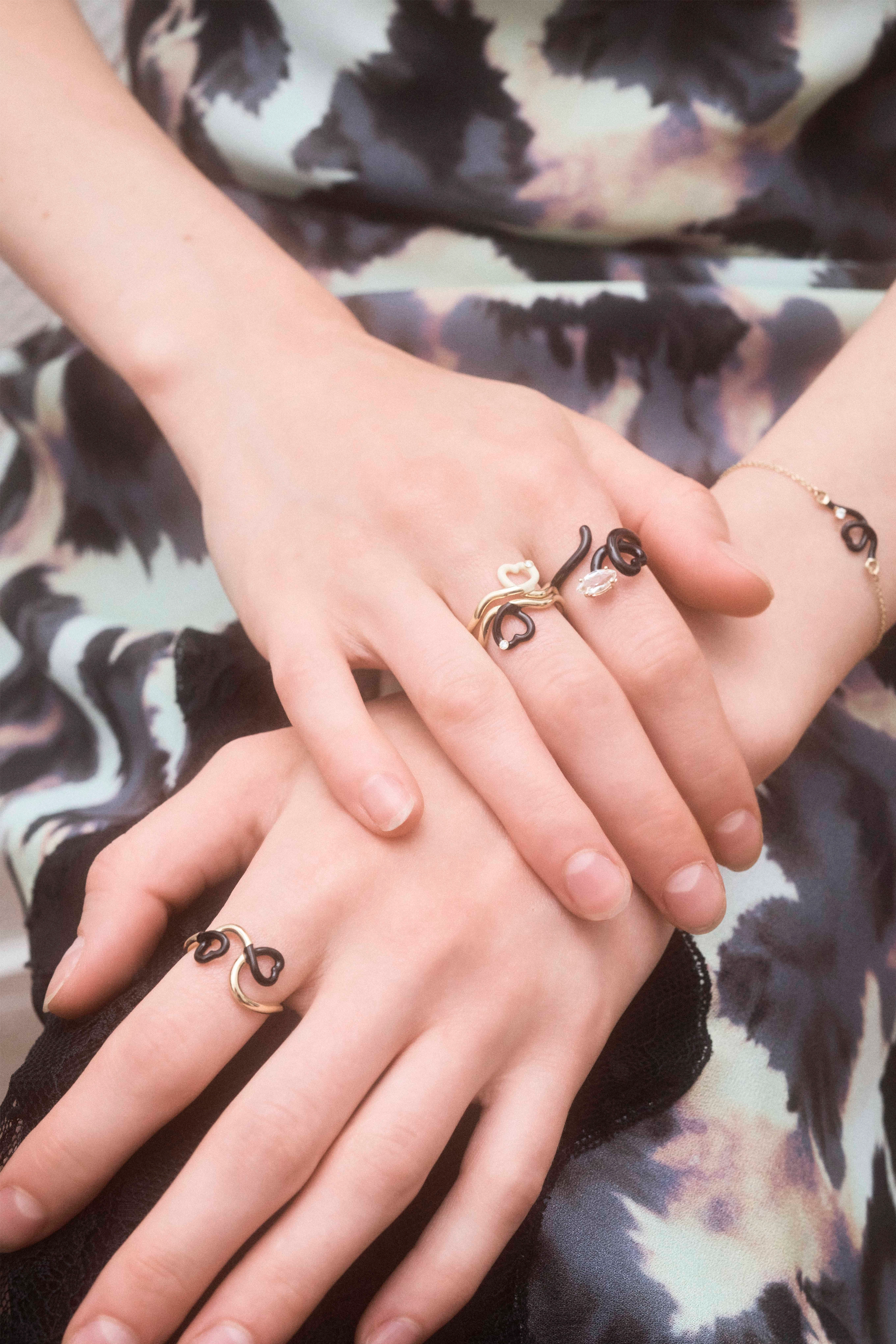 9k yellow gold black enamel and diamond heart ring by Bea Bongiasca Tiny Gods