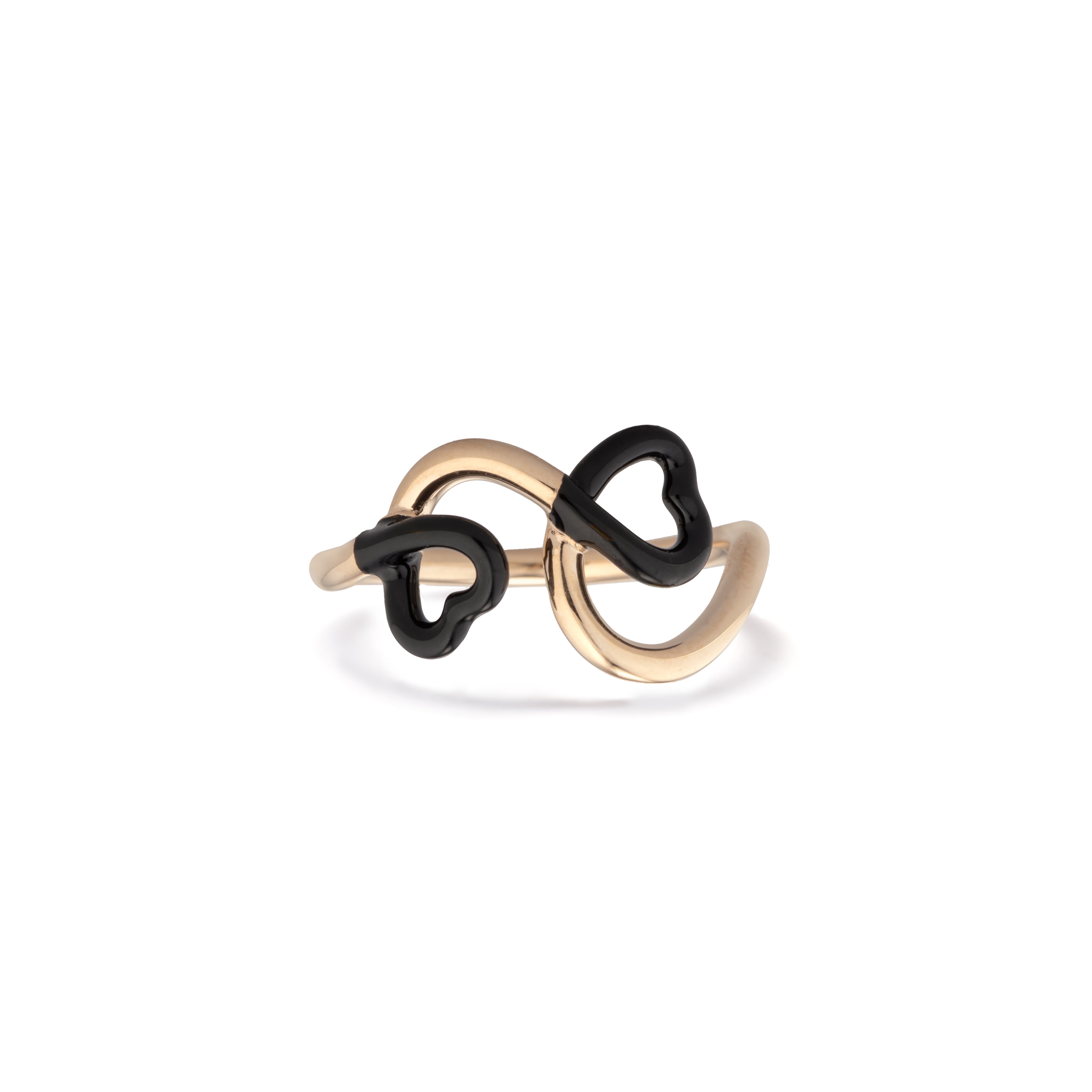 9k yellow gold black enamel double heart ring by Bea Bongiasca Tiny Gods